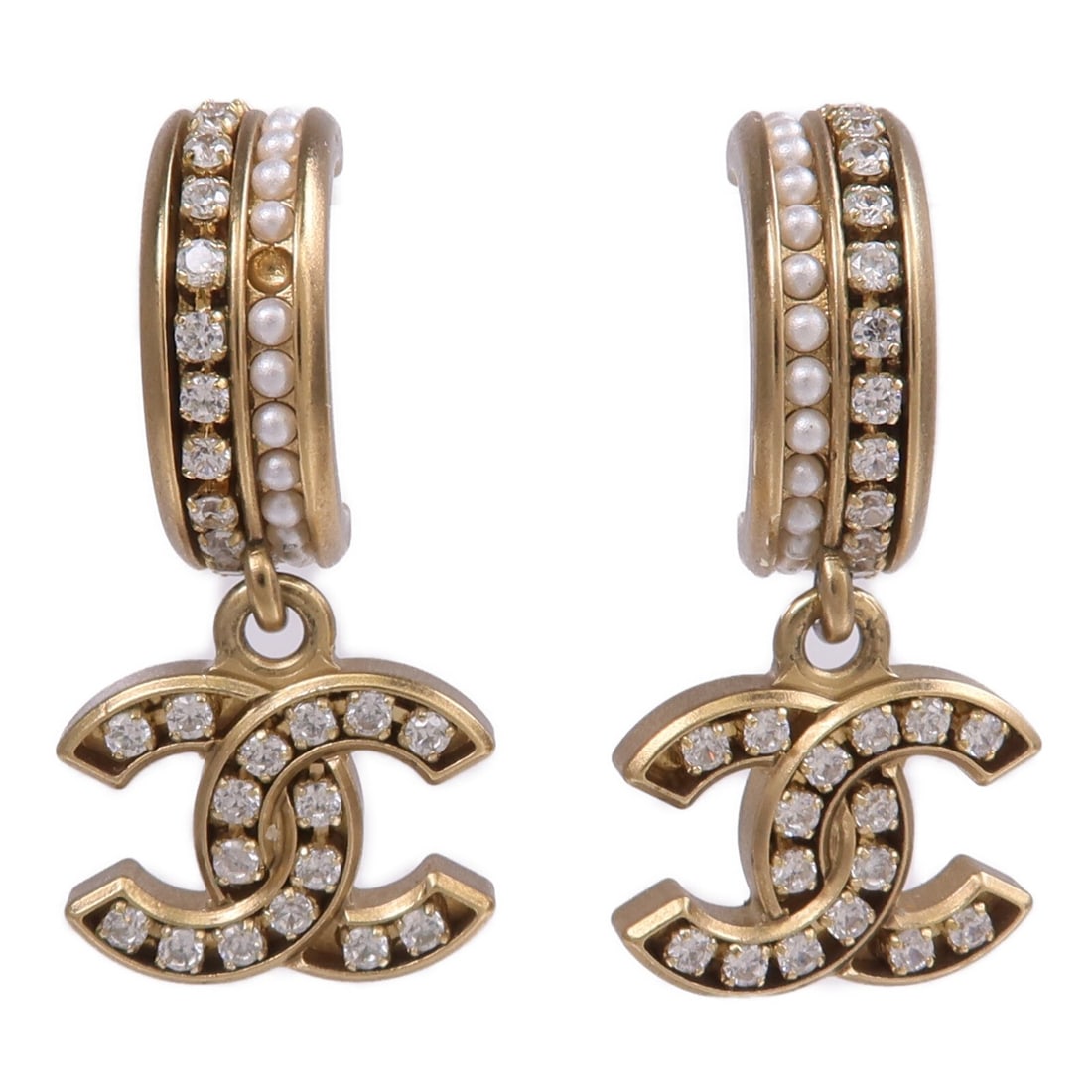 CHANEL Gold Tone Pierced CC Earrings: CHANEL Gold Tone Pierced CC Earrings These CHANEL CC pierced earrings feature a gold-toned metal construction and are designed for women. The earrings do not contain any stones and are crafted in Fran