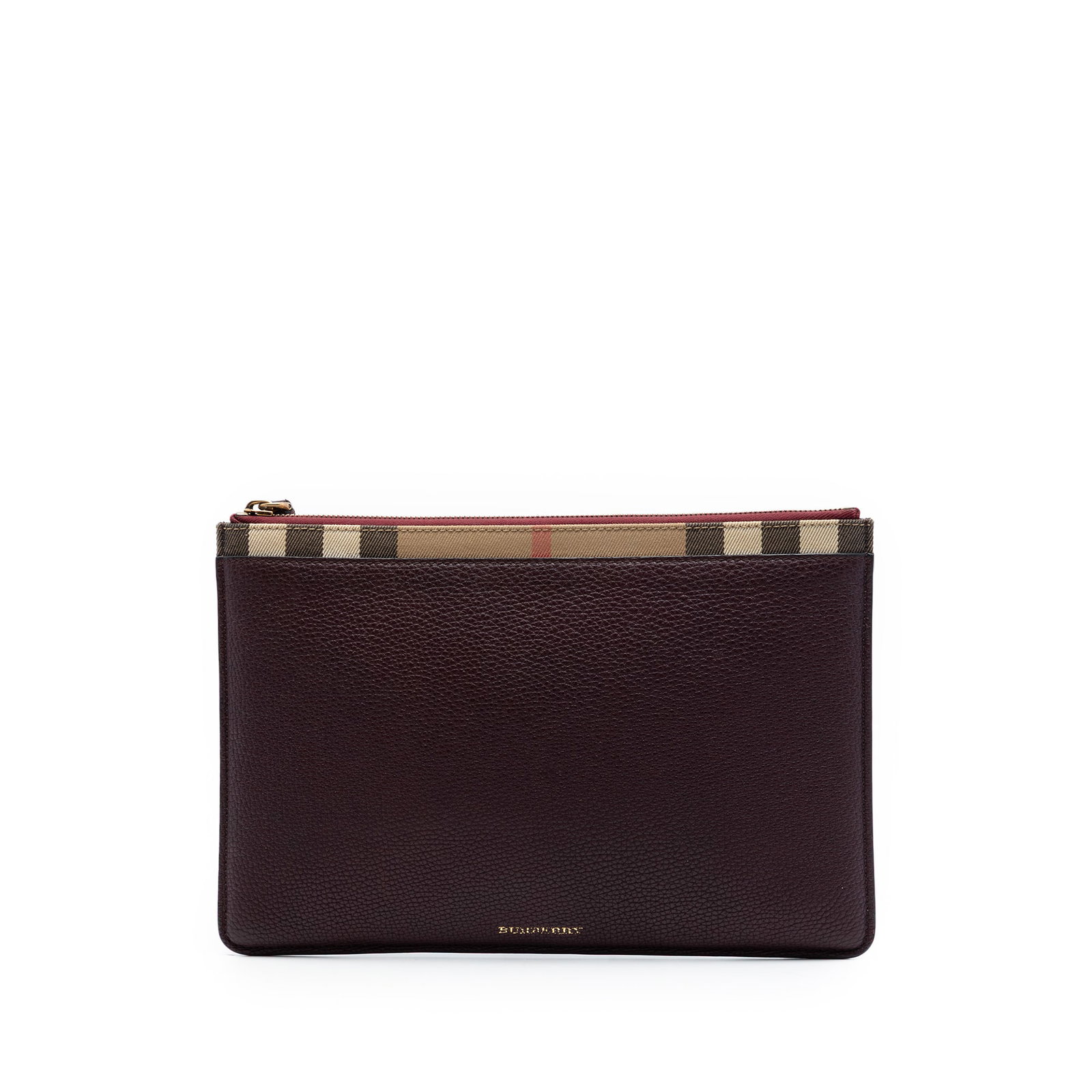 Burberry red grained calfskin zip clutch with House Check trim: Burberry red grained calfskin zip clutch with House Check trim Burberry House Check Canvas Trimmed Grained Calfskin Zip Pouch in red with a leather body, canvas trim, top zip closure, and an interior 
