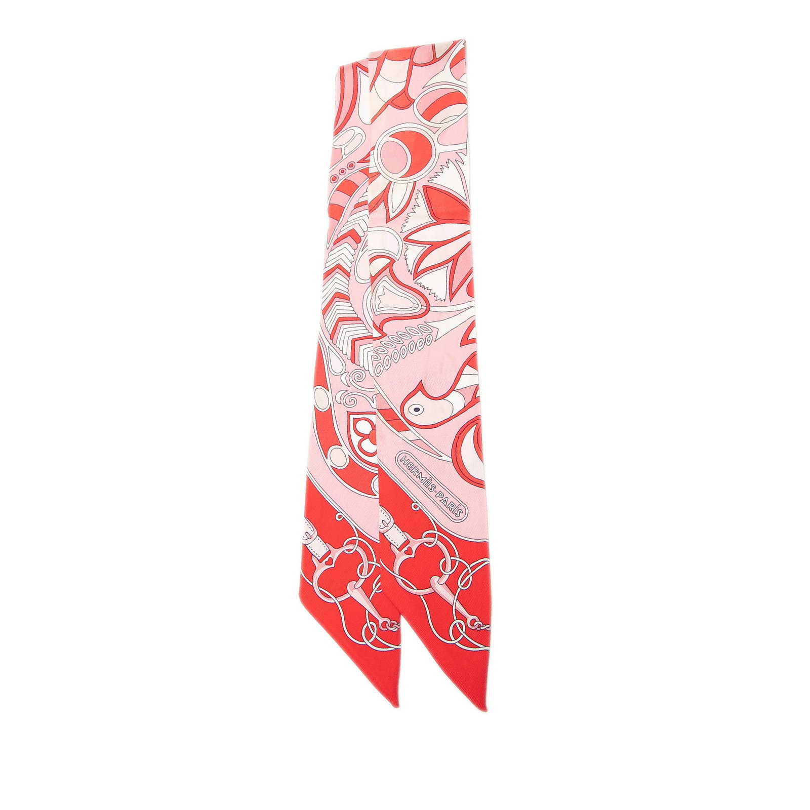 Hermes Twilly Scarf in Pink Silk Splash Park Print: Hermes Twilly Scarf in Pink Silk Splash Park Print Hermes Folklore Silk Twilly Scarf in pink silk. This accessory features the Splash Park print and shows condition notes including staining on the fro