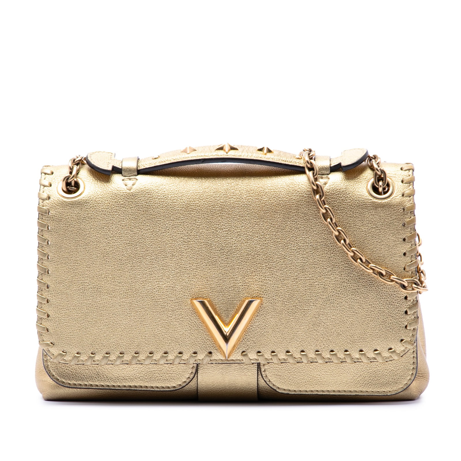 Louis Vuitton Very Chain Metallic Leather Gold Bag: Louis Vuitton Very Chain Metallic Leather Gold Bag This Louis Vuitton Metallic Cuir Plume Ecume Very Chain Bag showcases a metallic leather exterior with a studded flat top handle and a chain link str