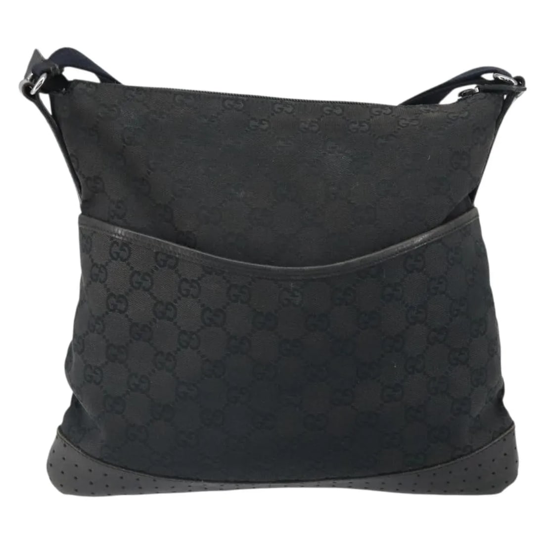 GG Canvas Messenger Bag with Perforated Leather by Gucci: GG Canvas Messenger Bag with Perforated Leather by Gucci This Gucci Zip Messenger Bag for women features the GG canvas with perforated leather details in black. The bag measures 30cm x 28cm x 1cm and 