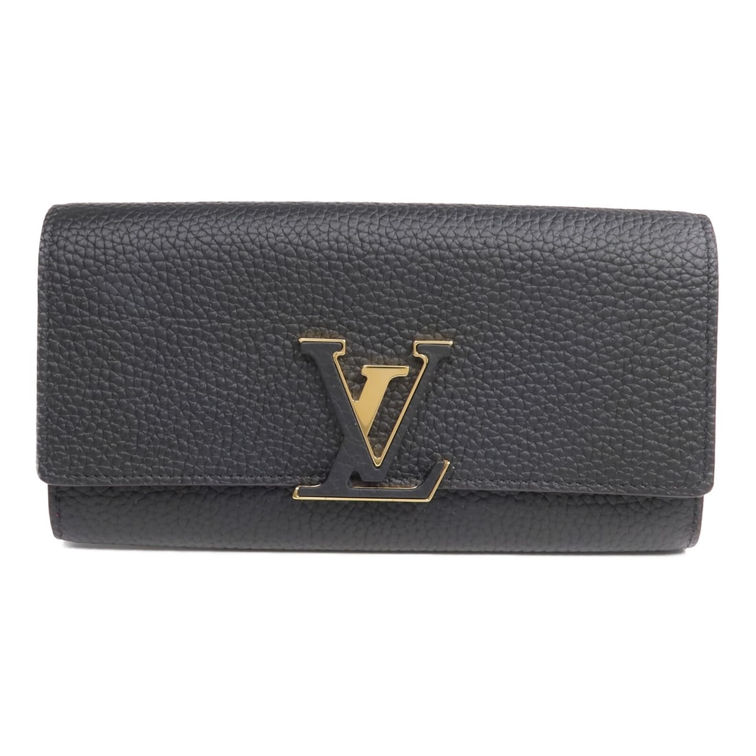 Louis Vuitton Capucines Black Taurillon Leather Bifold Wallet with Gold Hardware: Louis Vuitton Capucines Black Taurillon Leather Bifold Wallet with Gold Hardware This Louis Vuitton Capucines wallet is crafted from black Taurillon leather with a bifold design. It features gold-tone