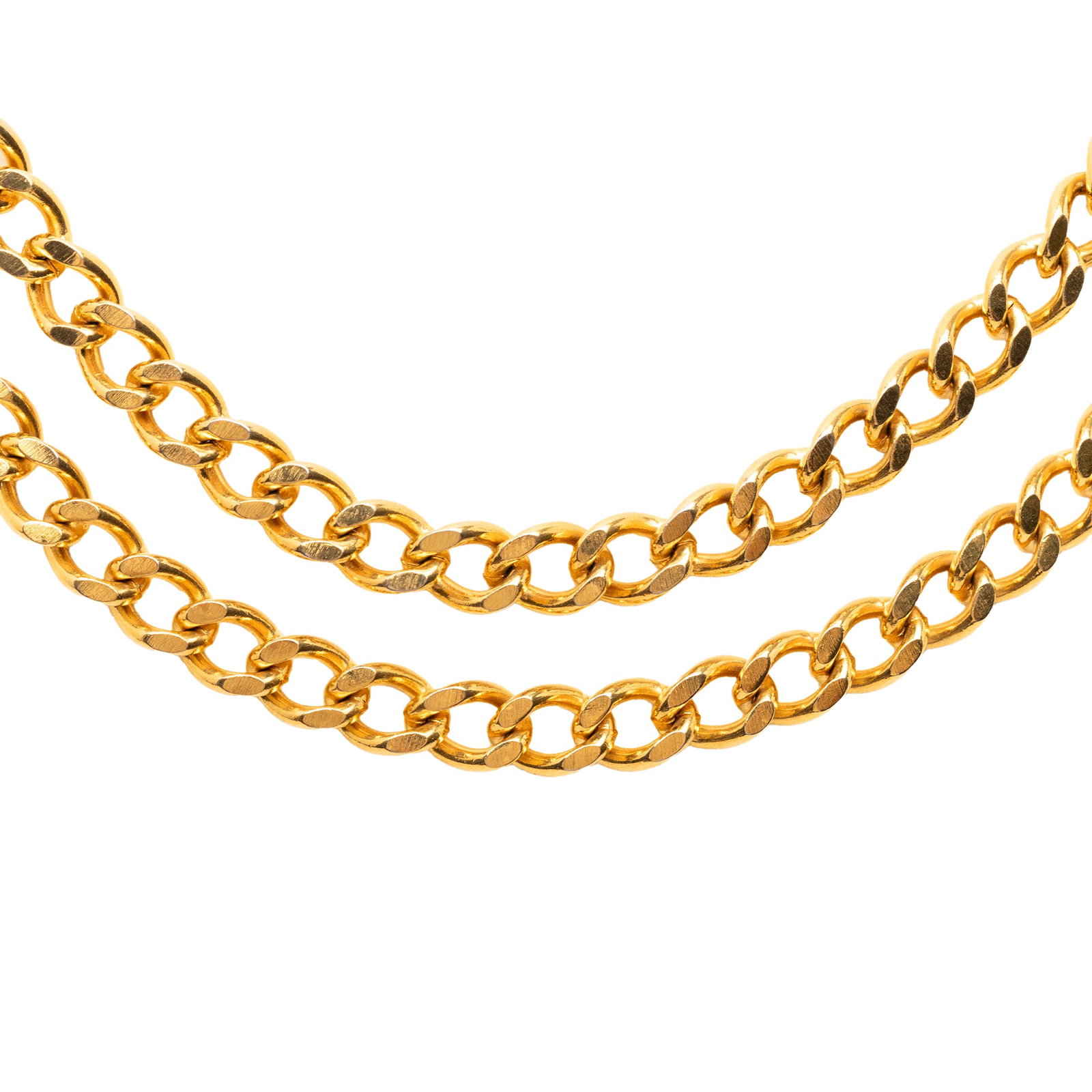 Chanel Gold Plated Dual Strand Link Necklace: Chanel Gold Plated Dual Strand Link Necklace This Chanel necklace features a gold-plated double strand link chain design with a hook clasp closure. The piece is crafted from metal and showcases a gold