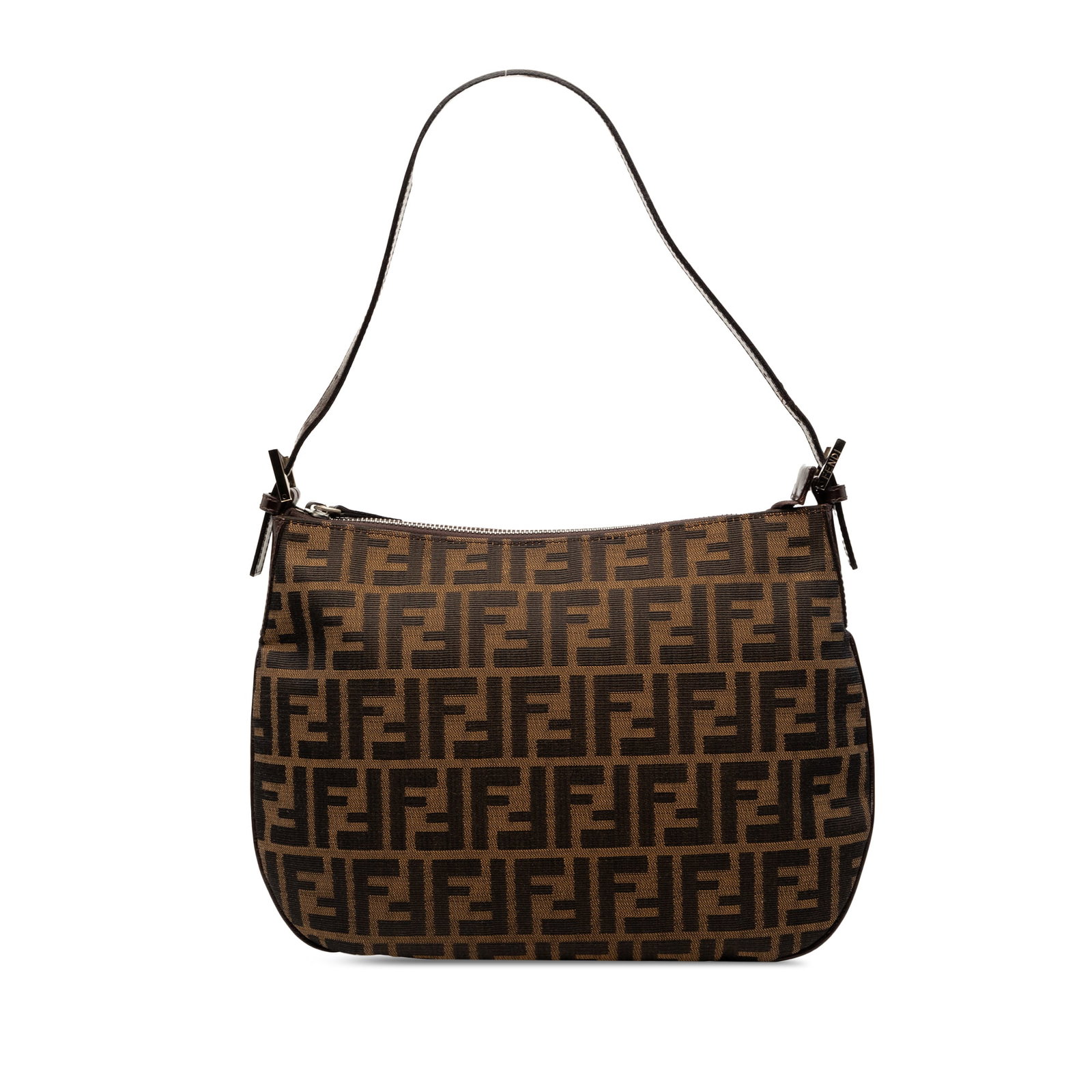 Fendi Zucca Brown Canvas Zip Top Shoulder Handbag: Fendi Zucca Brown Canvas Zip Top Shoulder Handbag Fendi Zucca canvas shoulder bag with a brown fabric exterior, adjustable flat leather strap, top zip closure, and an interior zip pocket. Made in Ital