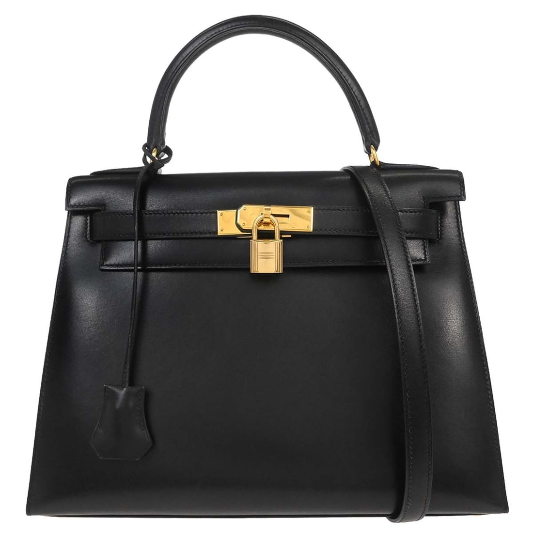 Hermes Kelly 28 Sellier Black Box Calf Leather Top Handle Bag: Hermes Kelly 28 Sellier Black Box Calf Leather Top Handle Bag Hermes Kelly 28 Sellier 2way handbag in black Box Calf leather. This structured top handle satchel features a turn lock closure and includ