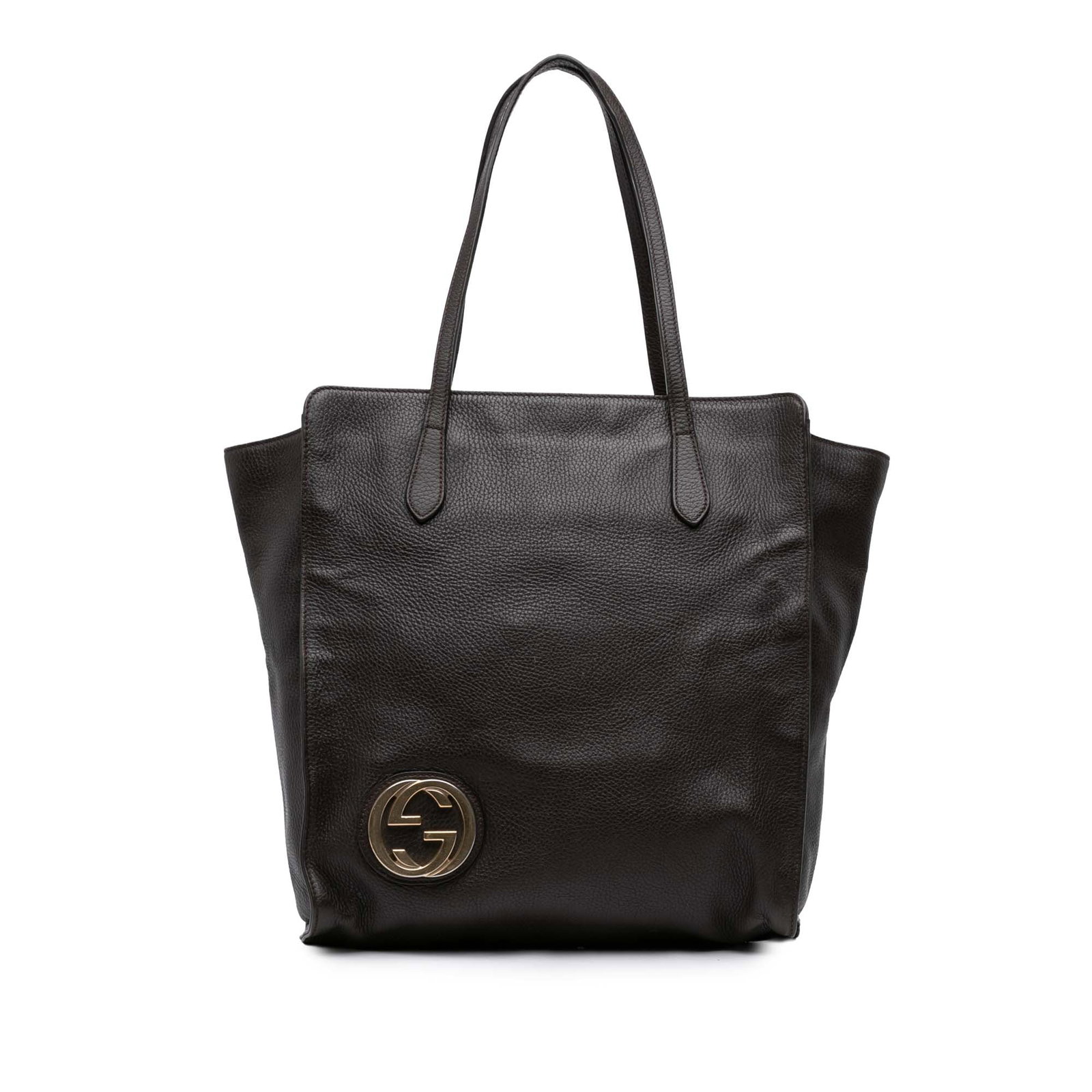 Gucci Interlocking G Brown Calfskin Leather Tote Bag: Gucci Interlocking G Brown Calfskin Leather Tote Bag This Gucci Dollar Calfskin Interlocking G Tote is crafted from brown calf leather and features flat leather handles, a top zip closure, and interio