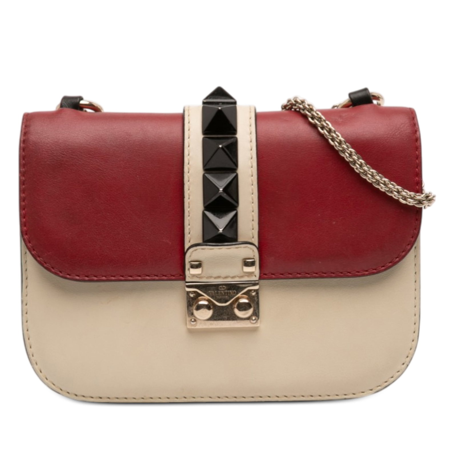 Valentino Rockstud Glam Lock Small Tricolor Calfskin Chain Shoulder Bag: Valentino Rockstud Glam Lock Small Tricolor Calfskin Chain Shoulder Bag This Valentino Small Tricolor Calfskin Rockstud Glam Lock Crossbody features a calf leather exterior adorned with signature stud