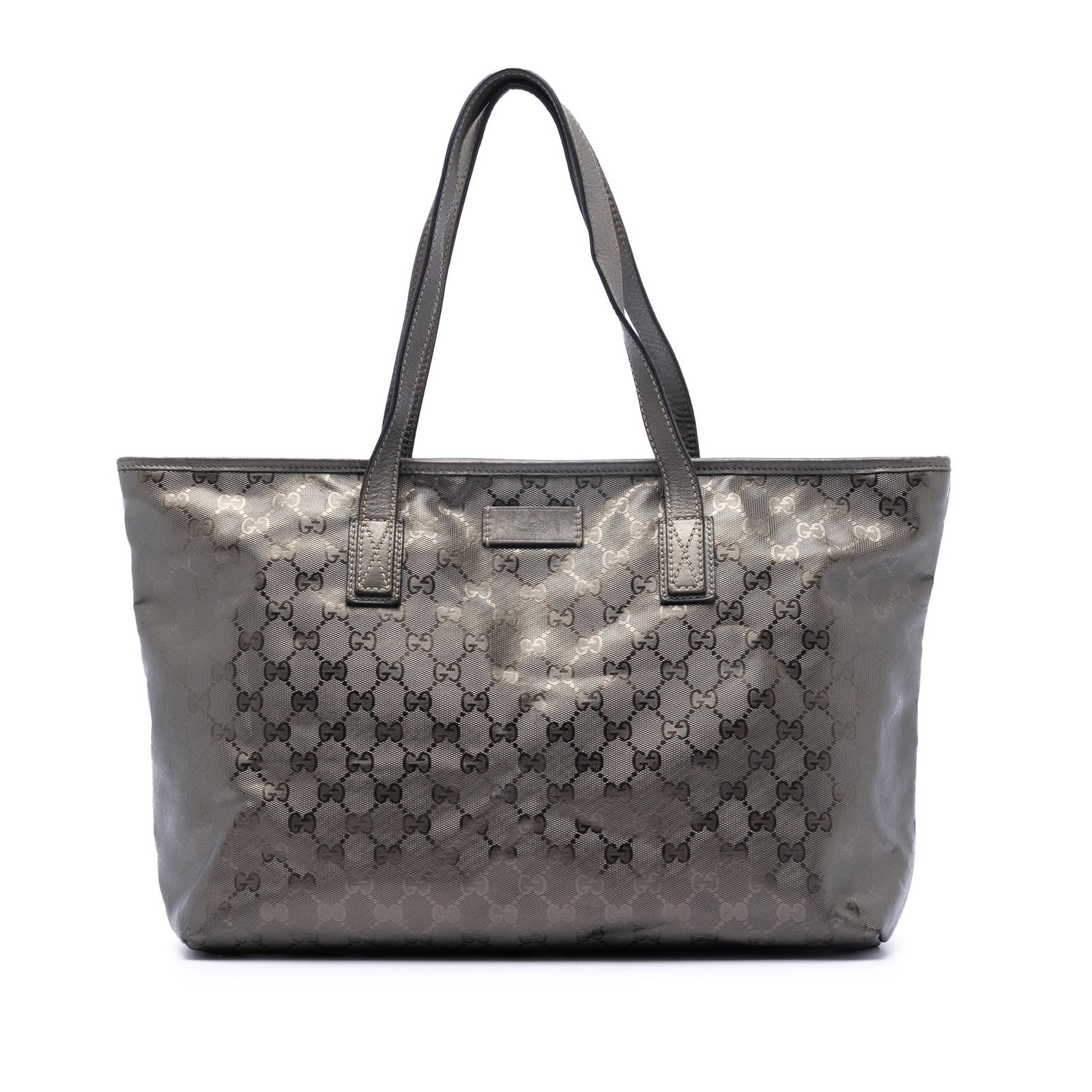 Gucci GG Imprime coated canvas tote with leather straps: Gucci GG Imprime coated canvas tote with leather straps This Gucci GG Imprime Tote features a brown coated canvas body with flat leather straps and a top zip closure. The interior includes both slip a