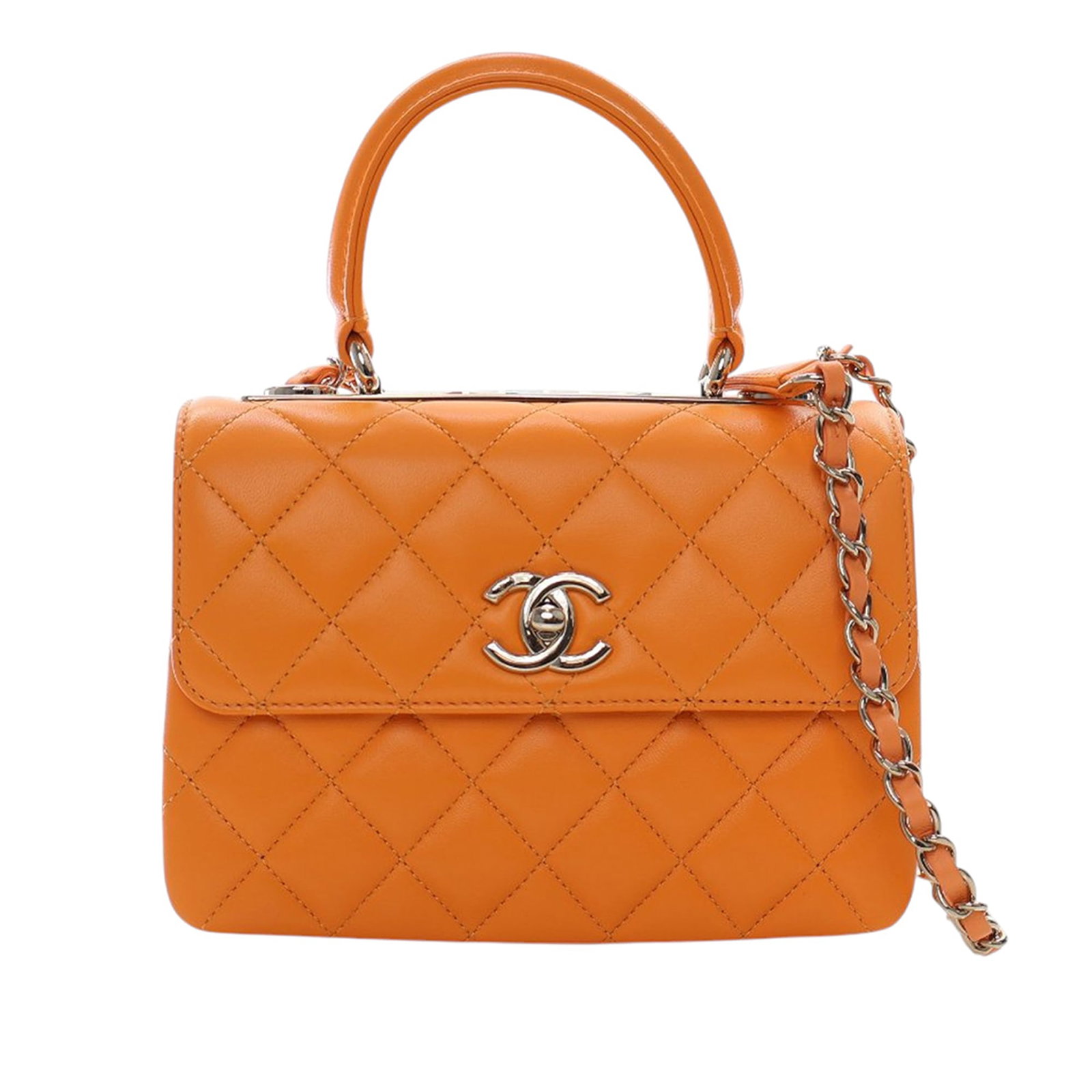 Chanel Trendy CC mini quilted lambskin top handle flap bag: Chanel Trendy CC mini quilted lambskin top handle flap bag This Chanel Mini Quilted Lambskin Trendy CC Top Handle Flap bag features a quilted lambskin leather exterior in orange, complemented by a fla