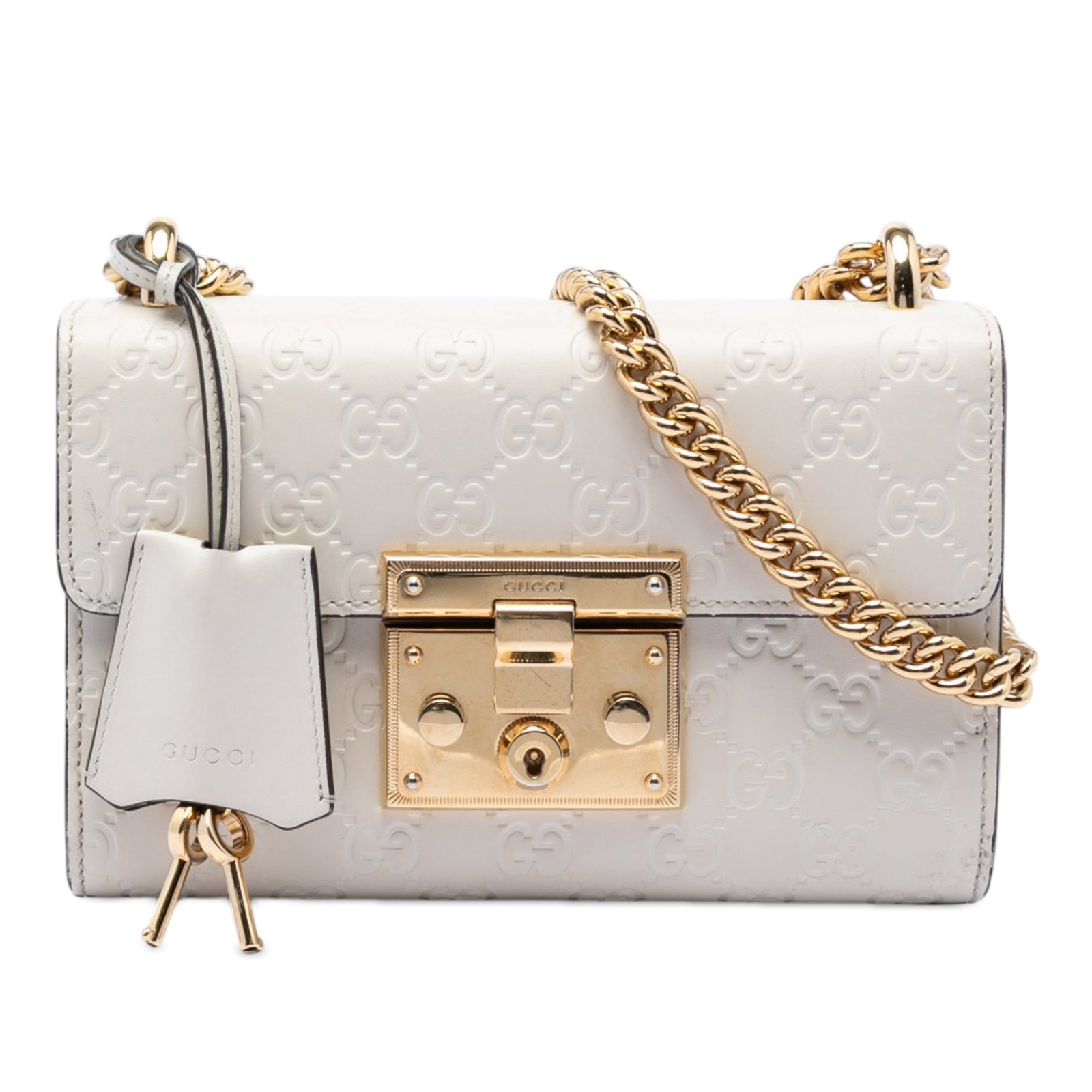 Gucci Padlock Small Guccissima Leather Crossbody Bag White: Gucci Padlock Small Guccissima Leather Crossbody Bag White Small Guccissima Padlock Crossbody bag in white embossed leather with a front flap and push-lock closure. The design includes gold-tone chain