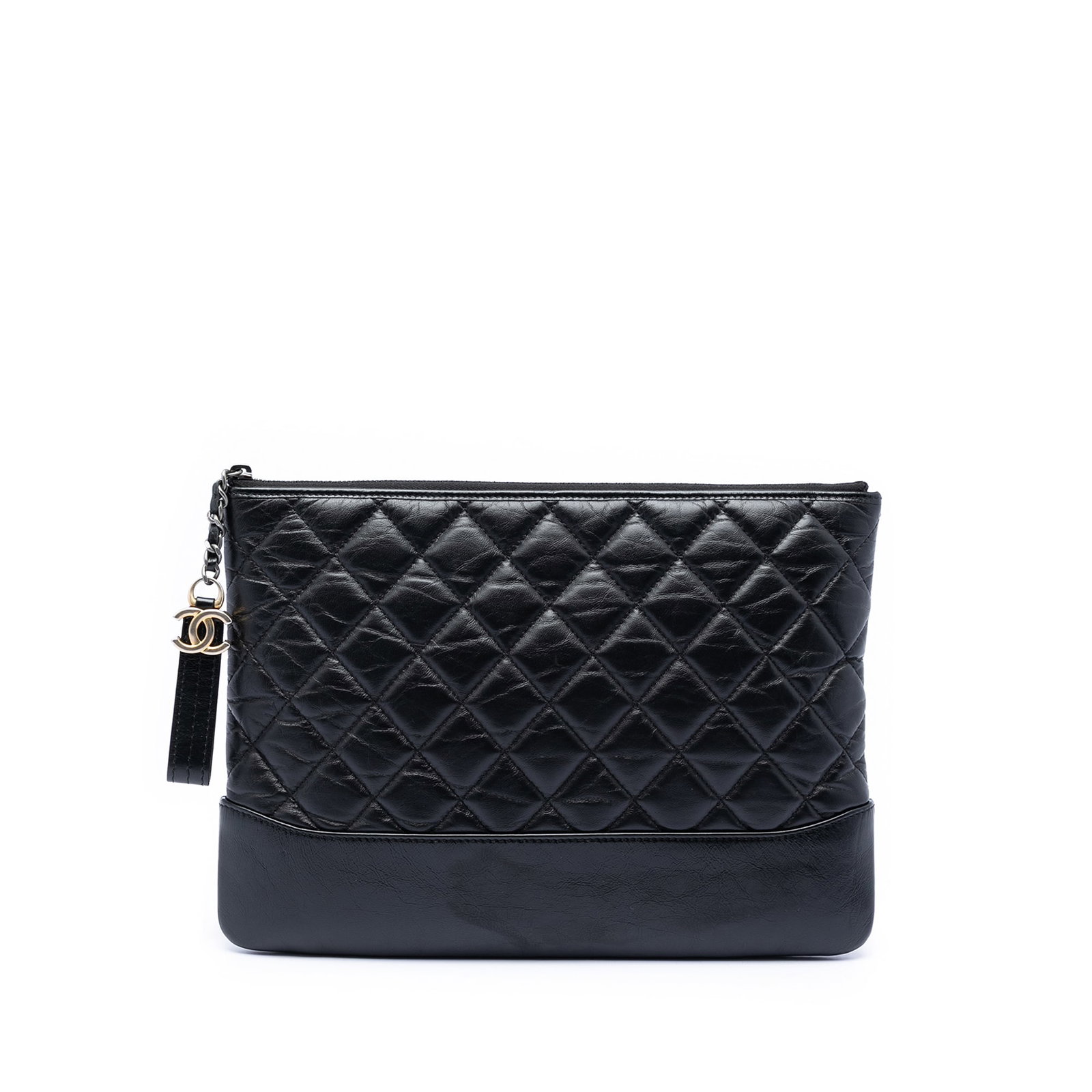 Chanel Gabrielle O Case Black Quilted Calfskin Clutch: Chanel Gabrielle O Case Black Quilted Calfskin Clutch This Chanel Medium Aged Calfskin Gabrielle O Case Clutch features a quilted calf leather body in black, a top zip closure, and an interior zip poc