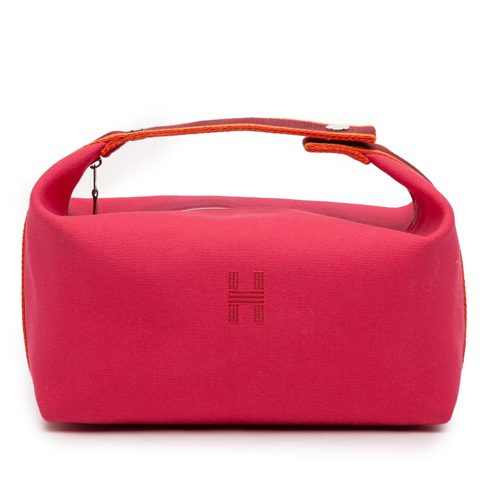 Hermes Bride-A-Brac Large Canvas Case with Striped Strap Pink: Hermes Bride-A-Brac Large Canvas Case with Striped Strap Pink This Hermes Large Toile Bride A Brac Case features a durable canvas body in pink, complemented by a flat striped canvas strap and a top zi