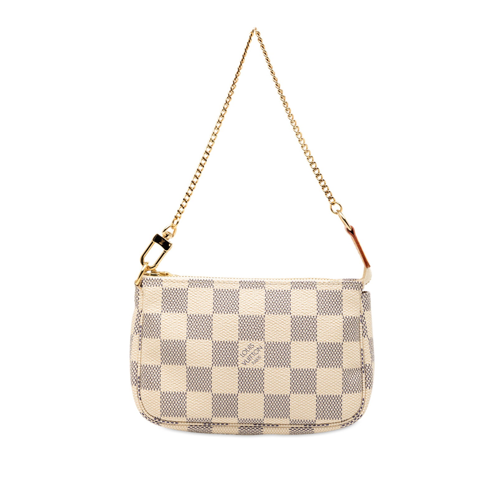 Louis Vuitton Mini Bag in Damier Azur Canvas with Chain Strap: Louis Vuitton Mini Bag in Damier Azur Canvas with Chain Strap This Louis Vuitton Damier Azur Mini Pochette Accessoires features a Damier Azur canvas body with a chain link strap and a top zip closure.