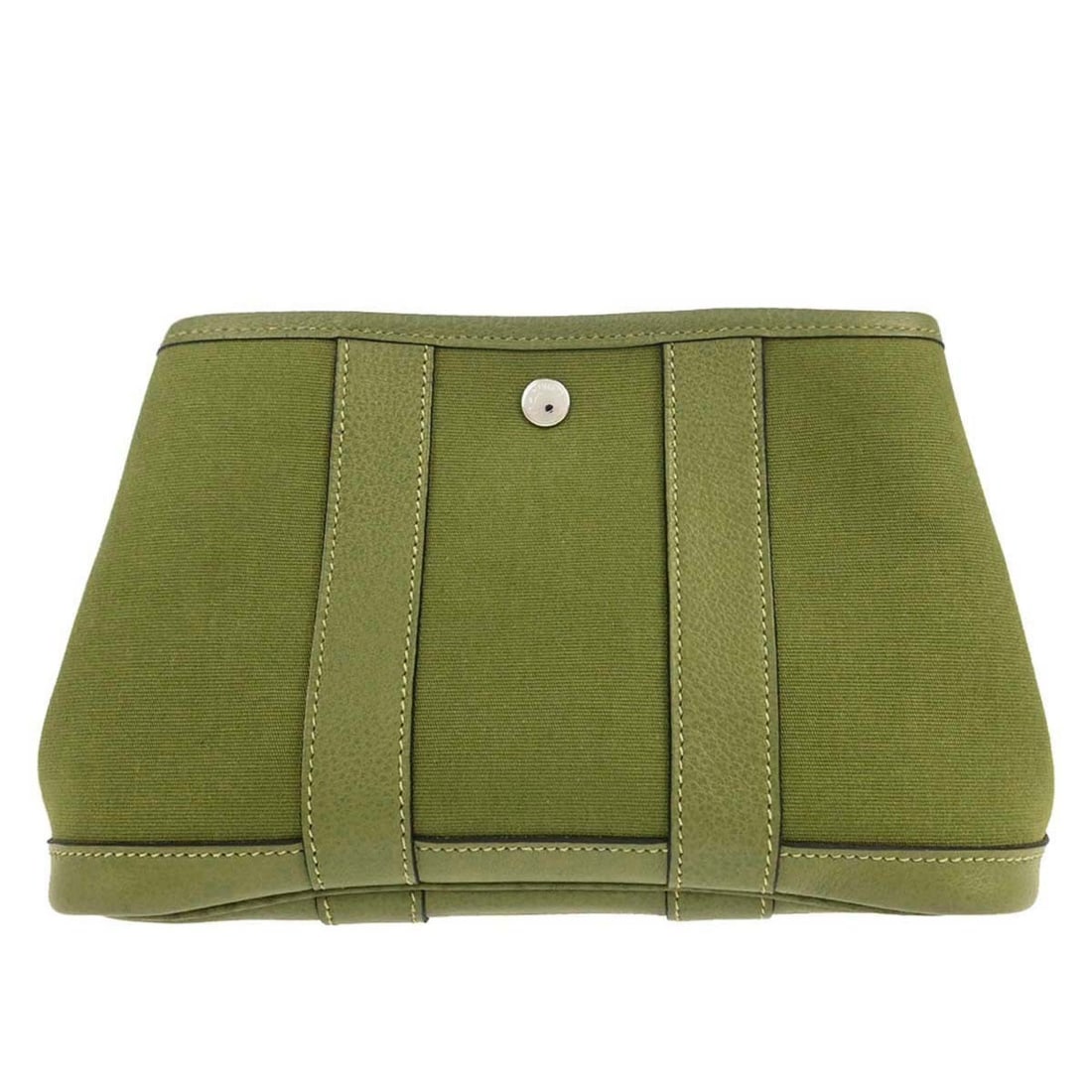 Hermes Garden Party TTPM Mini Clutch in Anis Green Toile Officier: Hermes Garden Party TTPM Mini Clutch in Anis Green Toile Officier Hermes Garden Party TTPM pouch in Anis Green Toile Officier with Buffle leather trim. This women's mini clutch features a snap closure
