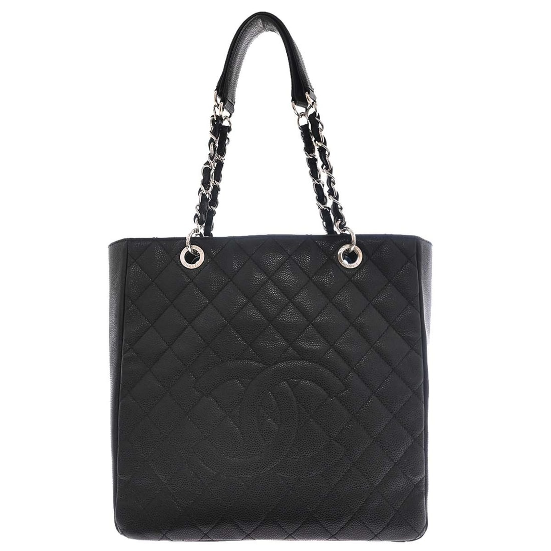 CHANEL Vertical GST Tote Black Leather Chain Handbag: CHANEL Vertical GST Tote Black Leather Chain Handbag Chanel Vertical GST tote chain handbag in black caviar skin leather with double handles and logo accent. This medium tote features an outside pocke