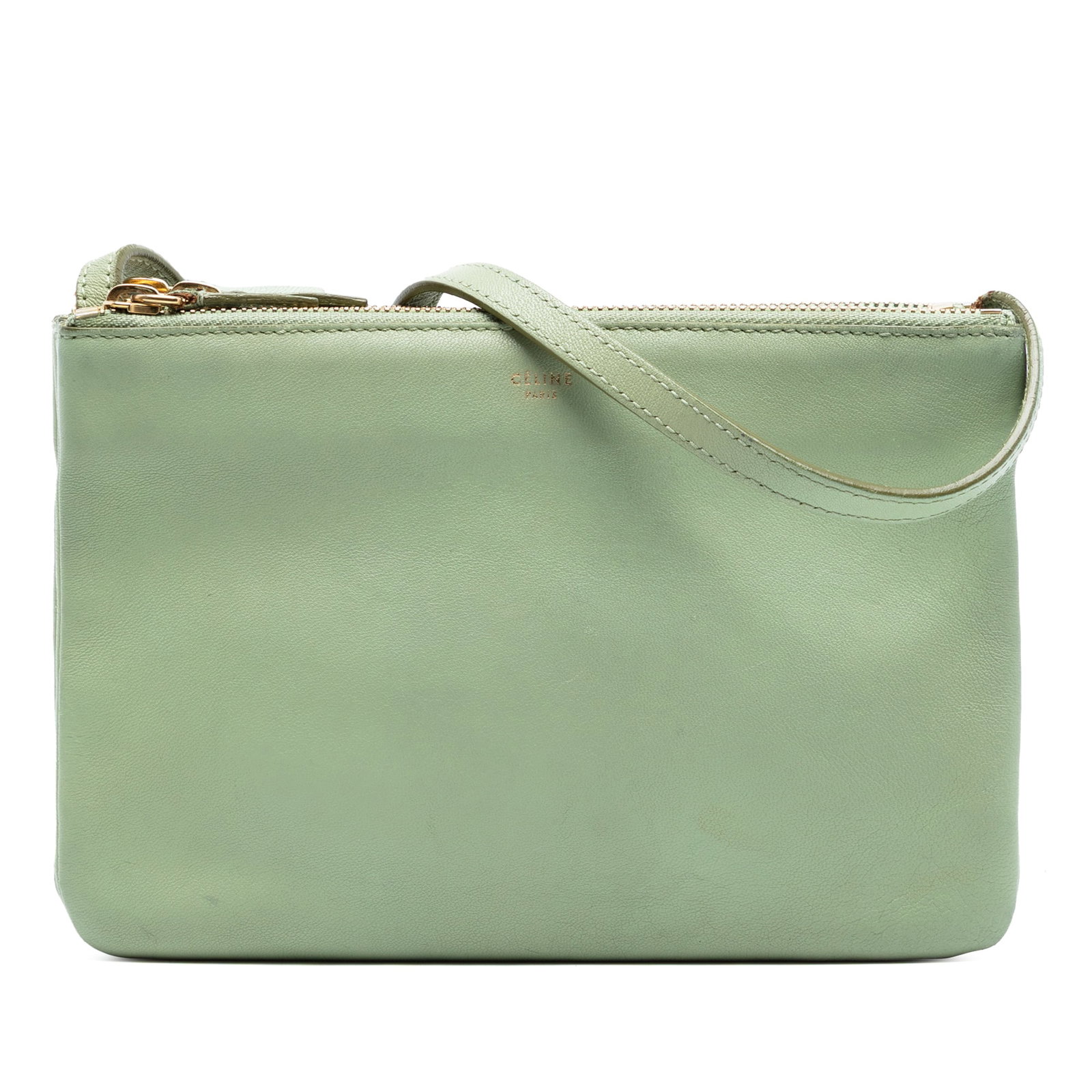 Celine green leather Trio small crossbody bag: Celine green leather Trio small crossbody bag This Celine Small Lambskin Trio Crossbody bag is crafted from green leather and features an adjustable flat strap and three top zip closures. The bag is m