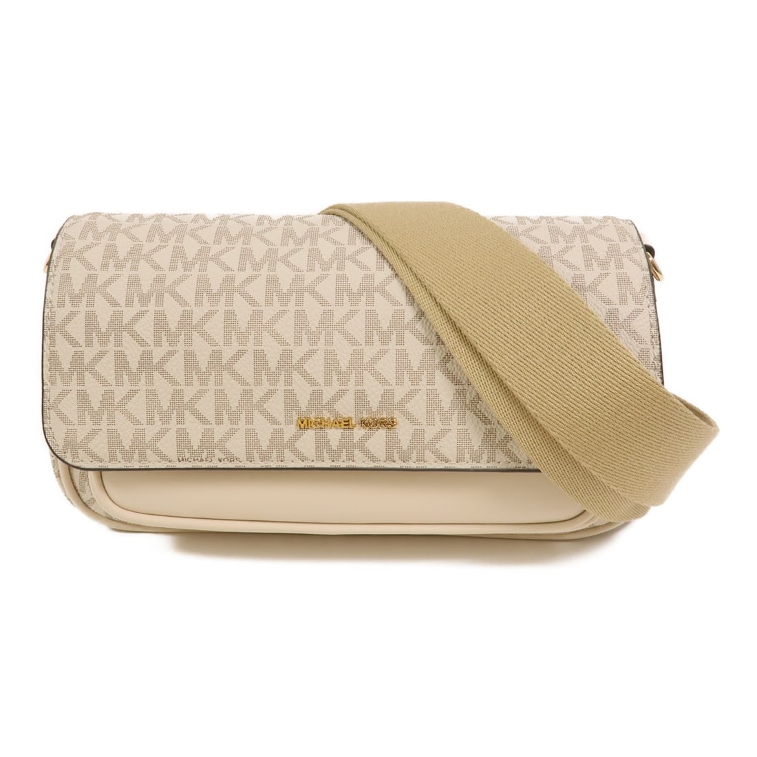 Michael Kors Jet Set Travel White Shoulder Bag GHW: Michael Kors Jet Set Travel White Shoulder Bag GHW This Michael Kors Jet Set Travel Flap shoulder bag features a white coated canvas and calfskin leather exterior, complemented by gold-tone hardware. 
