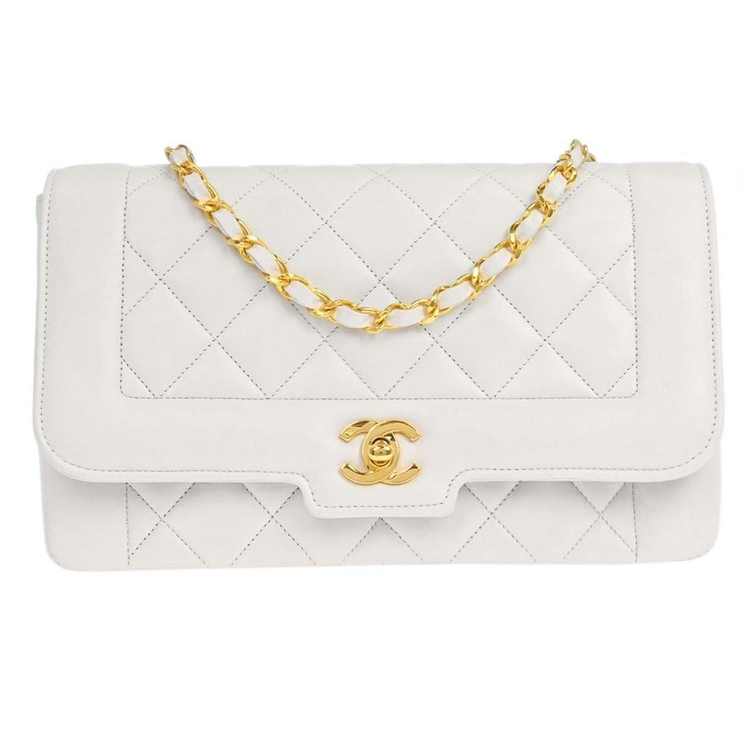 CHANEL Classic Flap white lambskin shoulder bag with chain strap: CHANEL Classic Flap white lambskin shoulder bag with chain strap White Chanel single flap shoulder bag crafted in lambskin leather with a matelasse pattern and turn-lock closure. This medium shoulder 
