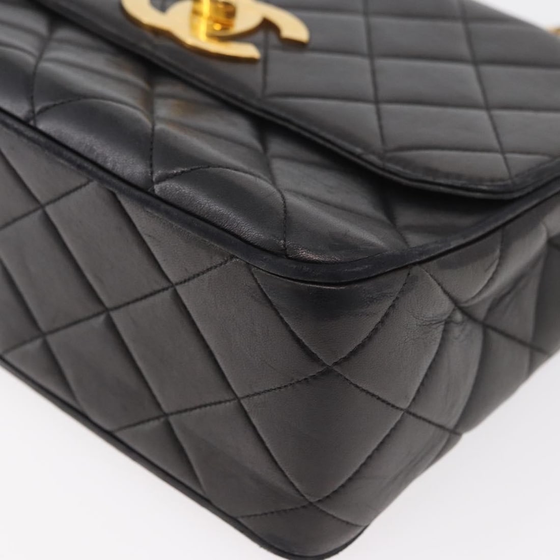 Chanel Lamb Skin Matelasse Black Gold Shoulder Bag With Dust Bag