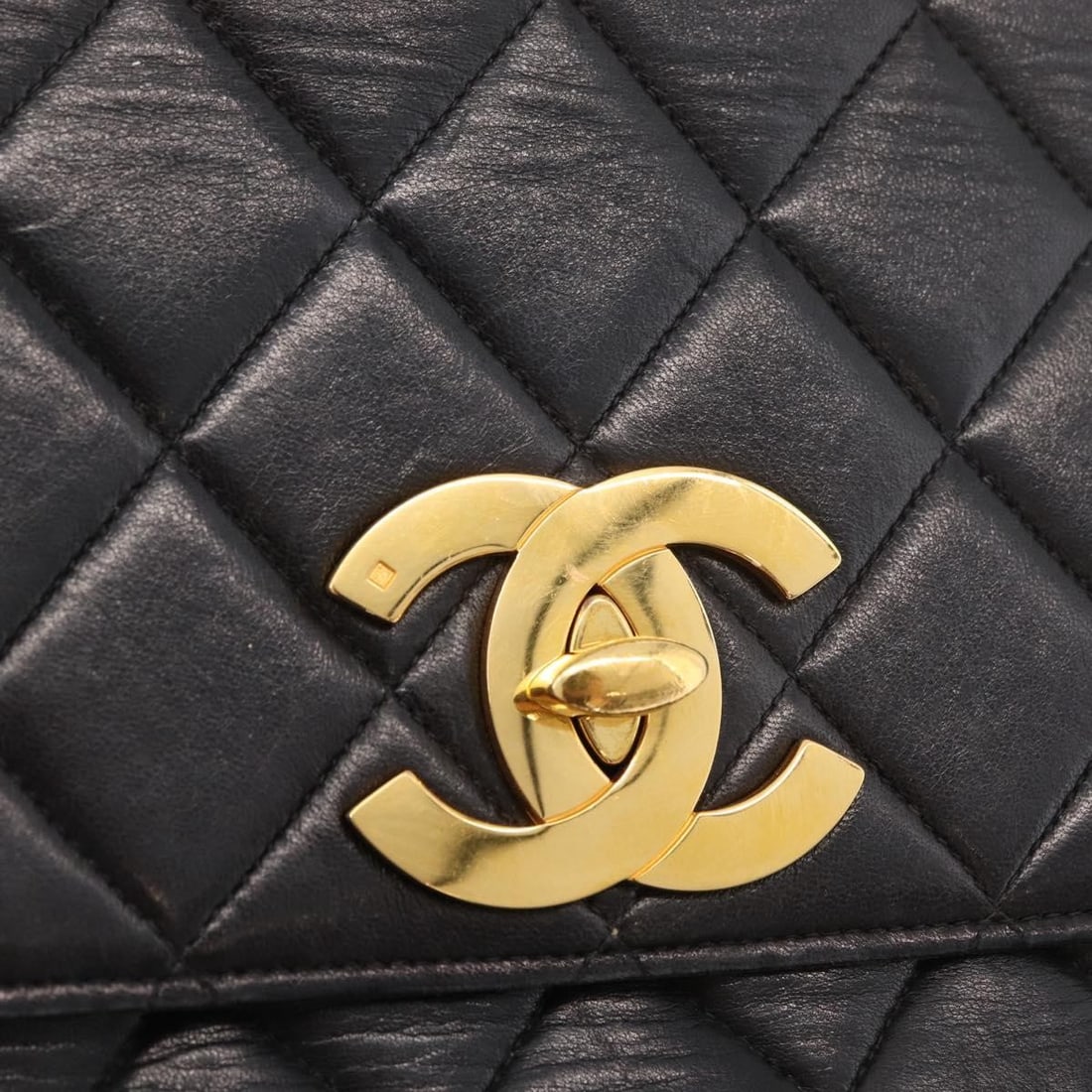 Chanel Lamb Skin Matelasse Black Gold Shoulder Bag With Dust Bag