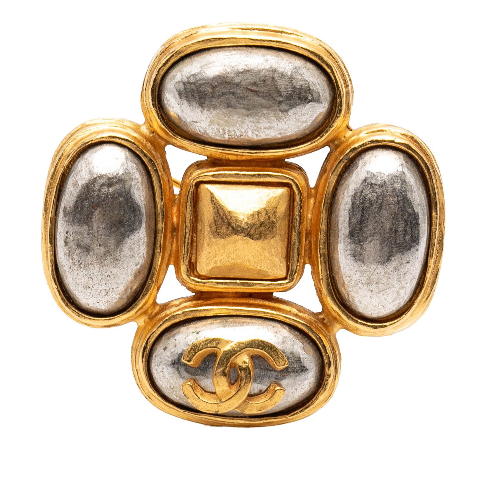 Chanel Gripoix Clover CC Brooch Gold Plated Metal: Chanel Gripoix Clover CC Brooch Gold Plated Metal This Chanel brooch showcases a gold-plated metal body adorned with gripoix embellishments in a clover design. It features a back pin closure for secur