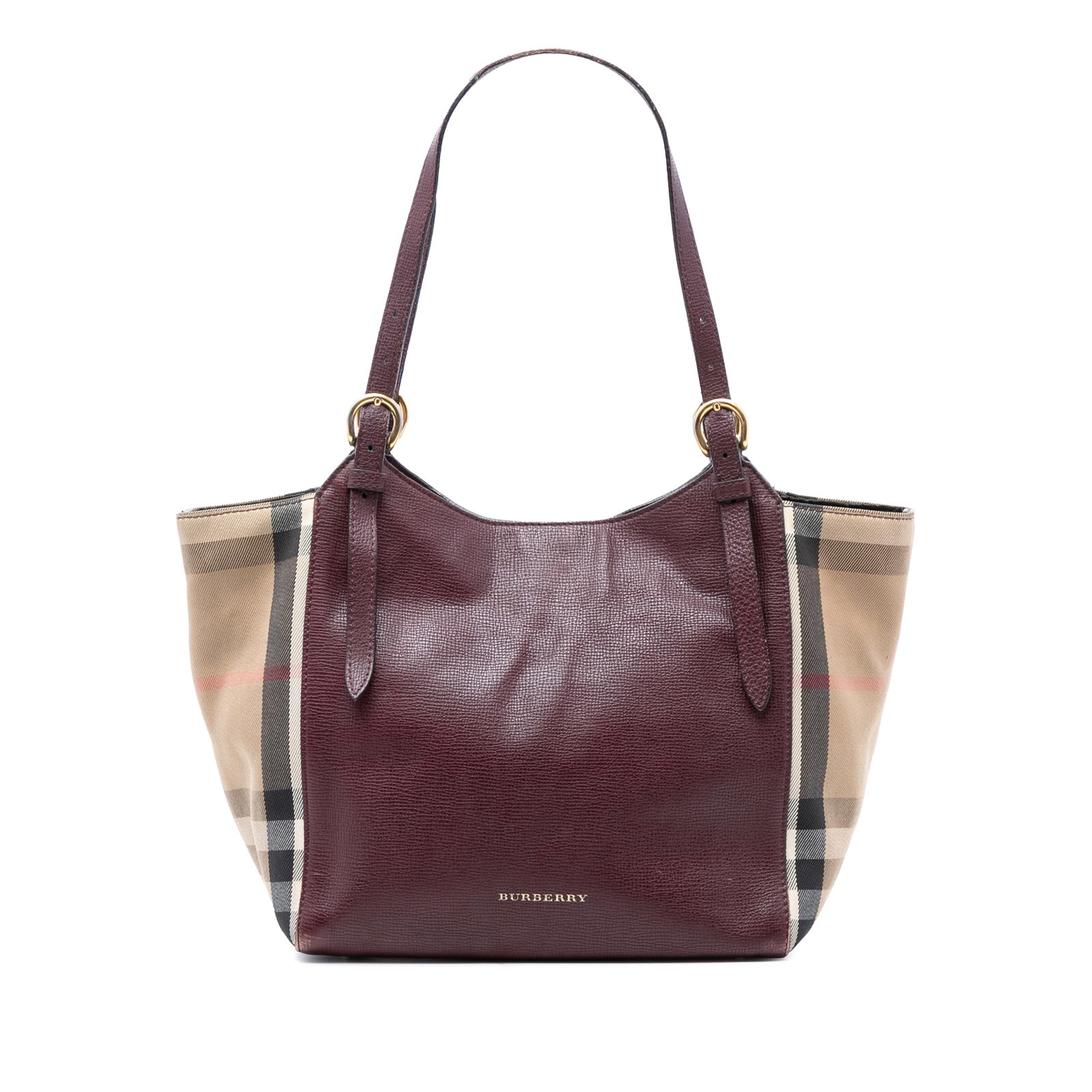 Burberry Canterbury Tote Small Red Leather House Check Canvas: Burberry Canterbury Tote Small Red Leather House Check Canvas This Burberry Small Canterbury Tote features a leather body with signature house check canvas side panels, flat leather handles, an open t