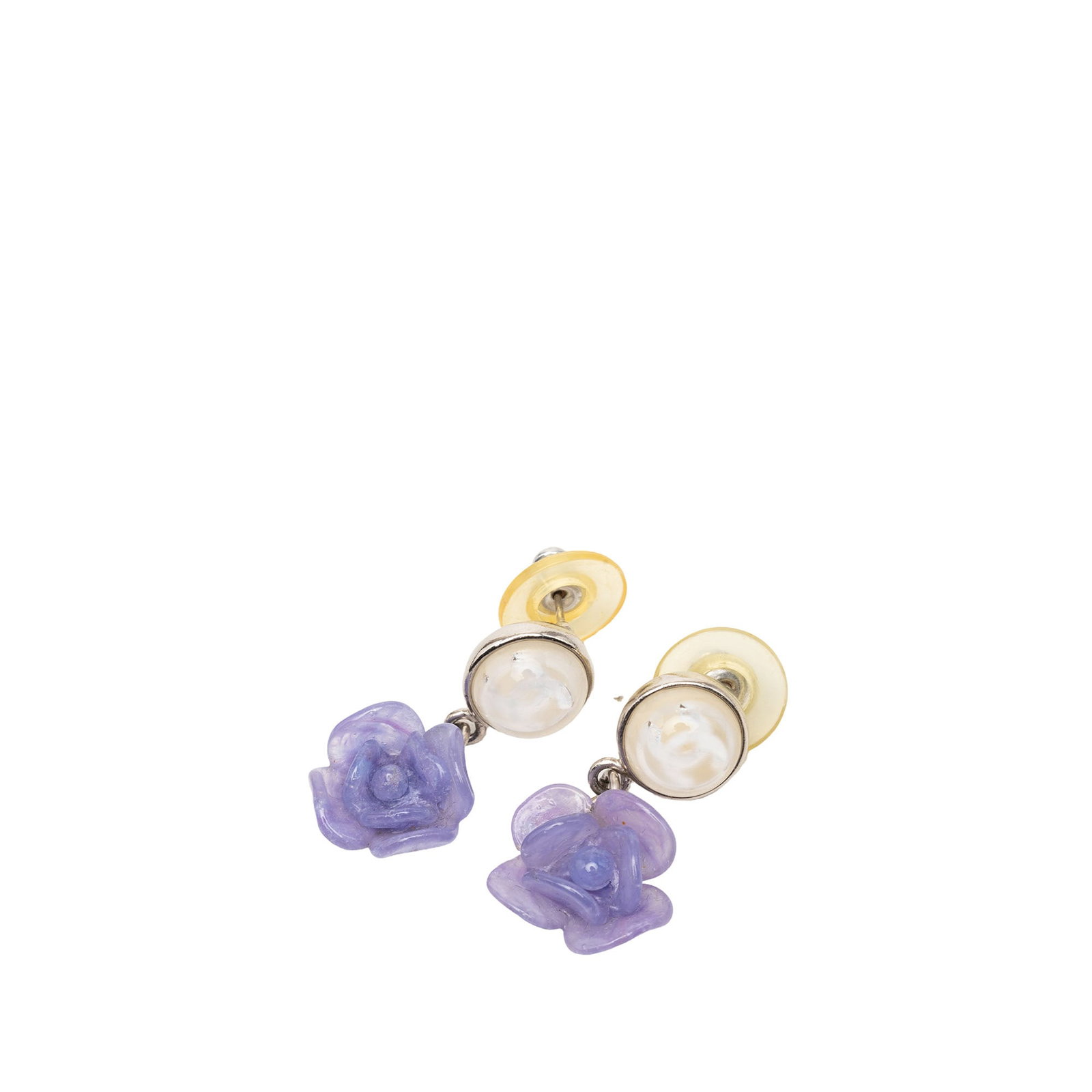 Chanel Camellia Drop Earrings Silver Tone Resin CC Push Back: Chanel Camellia Drop Earrings Silver Tone Resin CC Push Back Chanel CC drop earrings with resin camellia embellishments and push back closures. These costume earrings are made in France and come with 