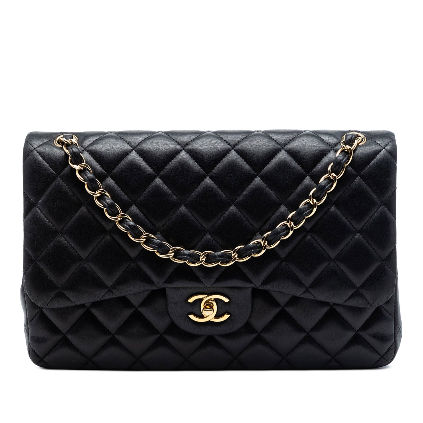Chanel Jumbo Classic Double Flap Shoulder Bag Black Lambskin: Chanel Jumbo Classic Double Flap Shoulder Bag Black Lambskin Chanel Jumbo Classic Lambskin Double Flap shoulder bag in black quilted lambskin leather. This bag features leather-woven chain link straps