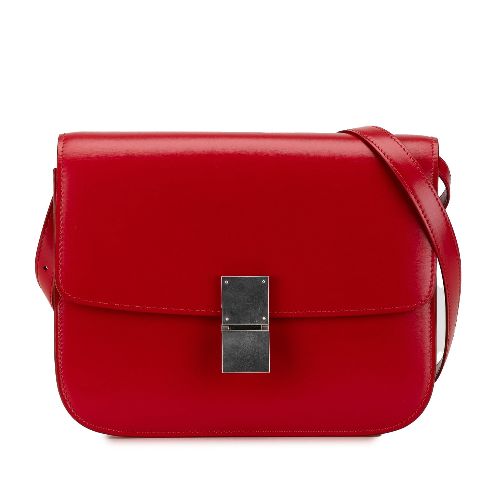 Celine Medium Calfskin Classic Box Crossbody Bag Red Leather: Celine Medium Calfskin Classic Box Crossbody Bag Red Leather This Celine Medium Calfskin Classic Box crossbody bag is a stylish and functional accessory made from high-quality leather. It features an 
