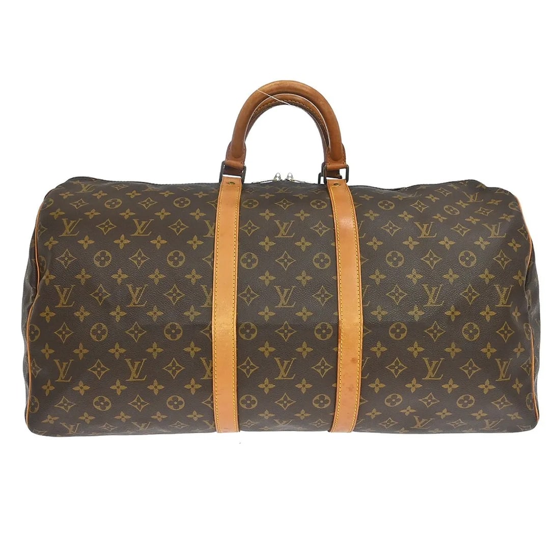 Louis Vuitton Keepall Monogram Canvas Travel Bag 55cm: Louis Vuitton Keepall Monogram Canvas Travel Bag 55cm This Louis Vuitton Keepall Bag features the iconic monogram canvas in brown, designed for unisex use. The bag shows visible signs of wear, includi