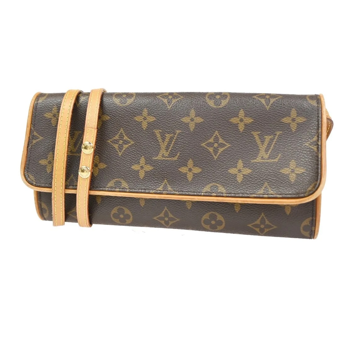 Louis Vuitton Twin Brown Monogram Canvas Shoulder Bag: Louis Vuitton Twin Brown Monogram Canvas Shoulder Bag This Louis Vuitton Twin Handbag features the iconic Monogram Canvas in brown, designed for women. The bag shows evidence of use, including scuffs,