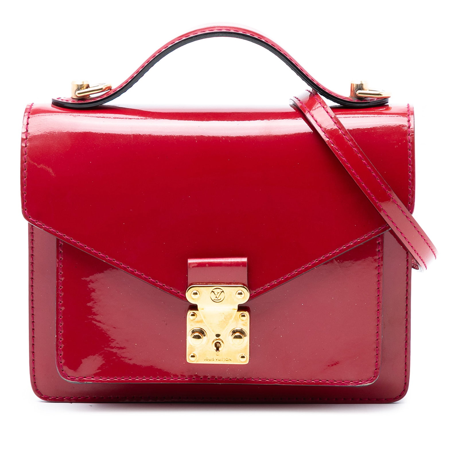 Louis Vuitton Monceau BB Red Vernis Leather Shoulder Bag with S Lock: Louis Vuitton Monceau BB Red Vernis Leather Shoulder Bag with S Lock The Louis Vuitton Vernis Monceau BB is crafted from vernis leather in a vibrant red hue and features a flat leather top handle, a d