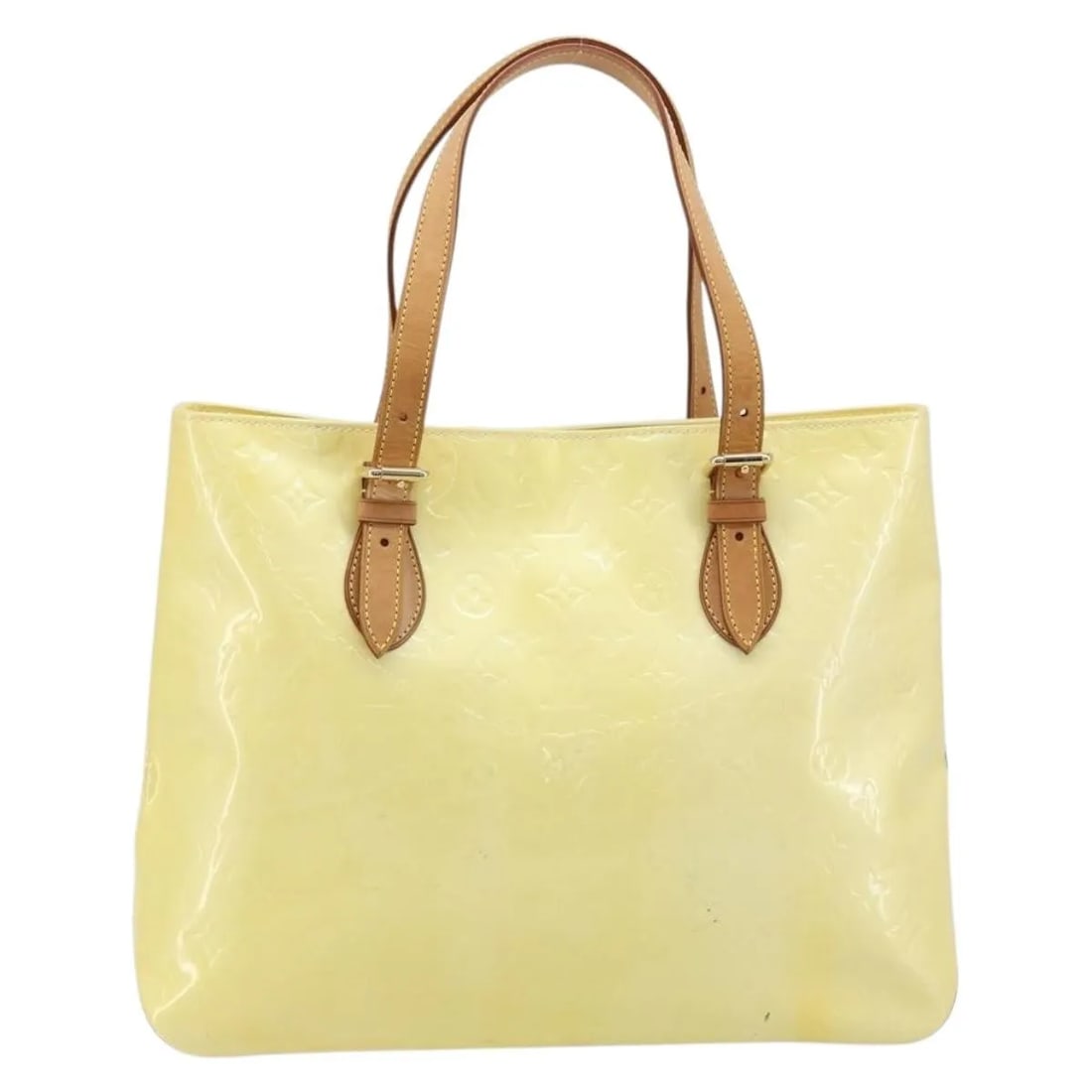 Yellow Monogram Vernis Brentwood Patent Leather Tote by Louis Vuitton: Yellow Monogram Vernis Brentwood Patent Leather Tote by Louis Vuitton The Louis Vuitton Brentwood handbag features a yellow Monogram Vernis patent leather exterior, designed for women. This handbag is