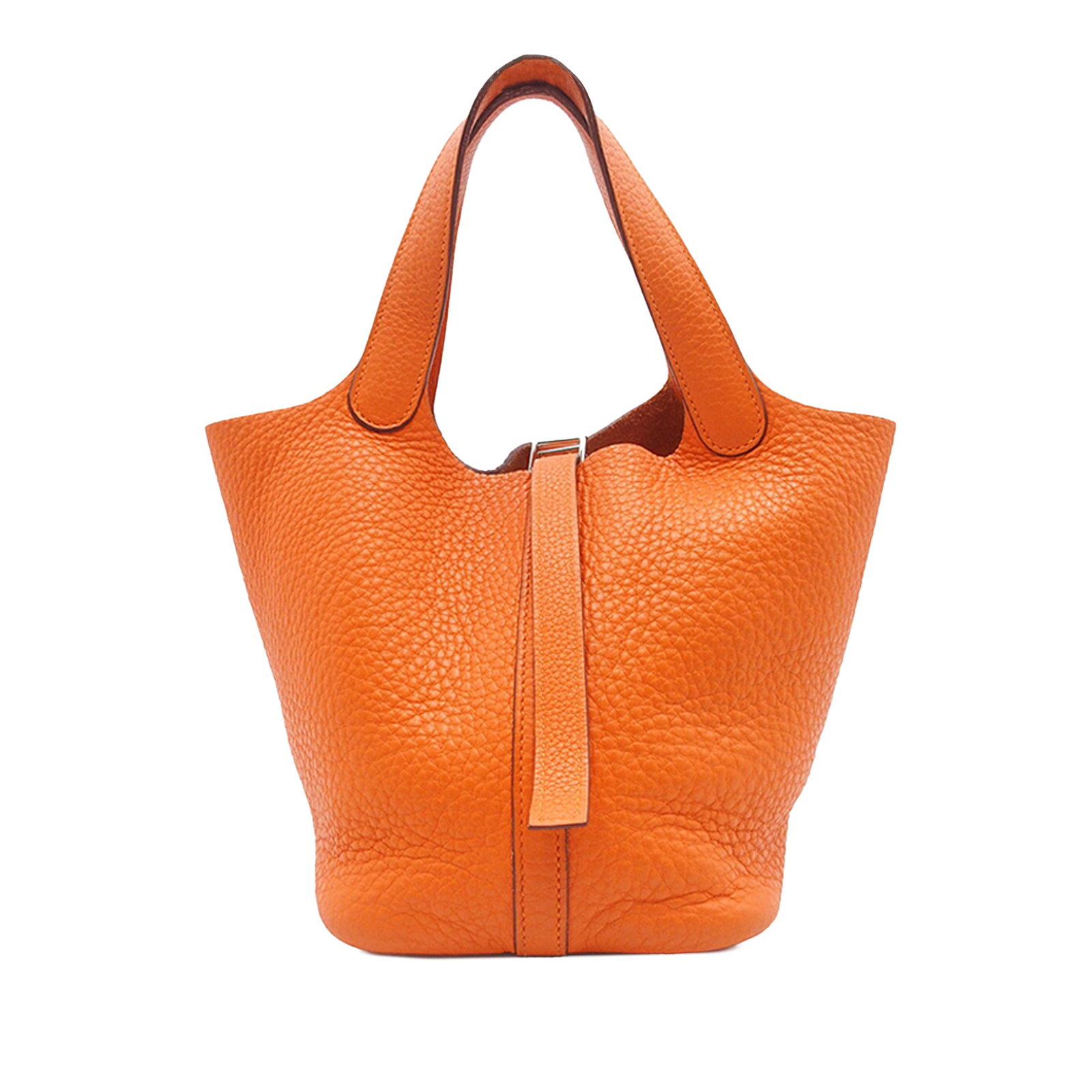 Hermes Picotin Lock 18 Orange Clemence Leather Bag: Hermes Picotin Lock 18 Orange Clemence Leather Bag The Hermes Clemence Picotin Lock 18 is crafted from orange Clemence leather and features flat leather handles with an open top and a pull-through str