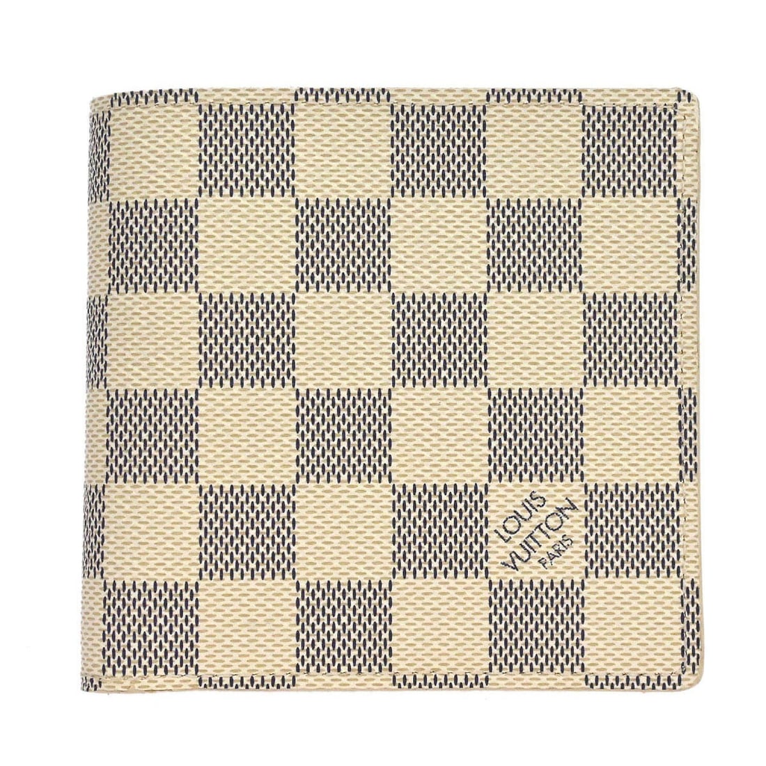 Louis Vuitton Portefeuille Marco Folding Wallet Damier Azur N60018: Louis Vuitton Portefeuille Marco Folding Wallet Damier Azur N60018 Louis Vuitton Portefeuille Marco wallet in white Damier Azur canvas with leather trim and a folding design. The interior includes two