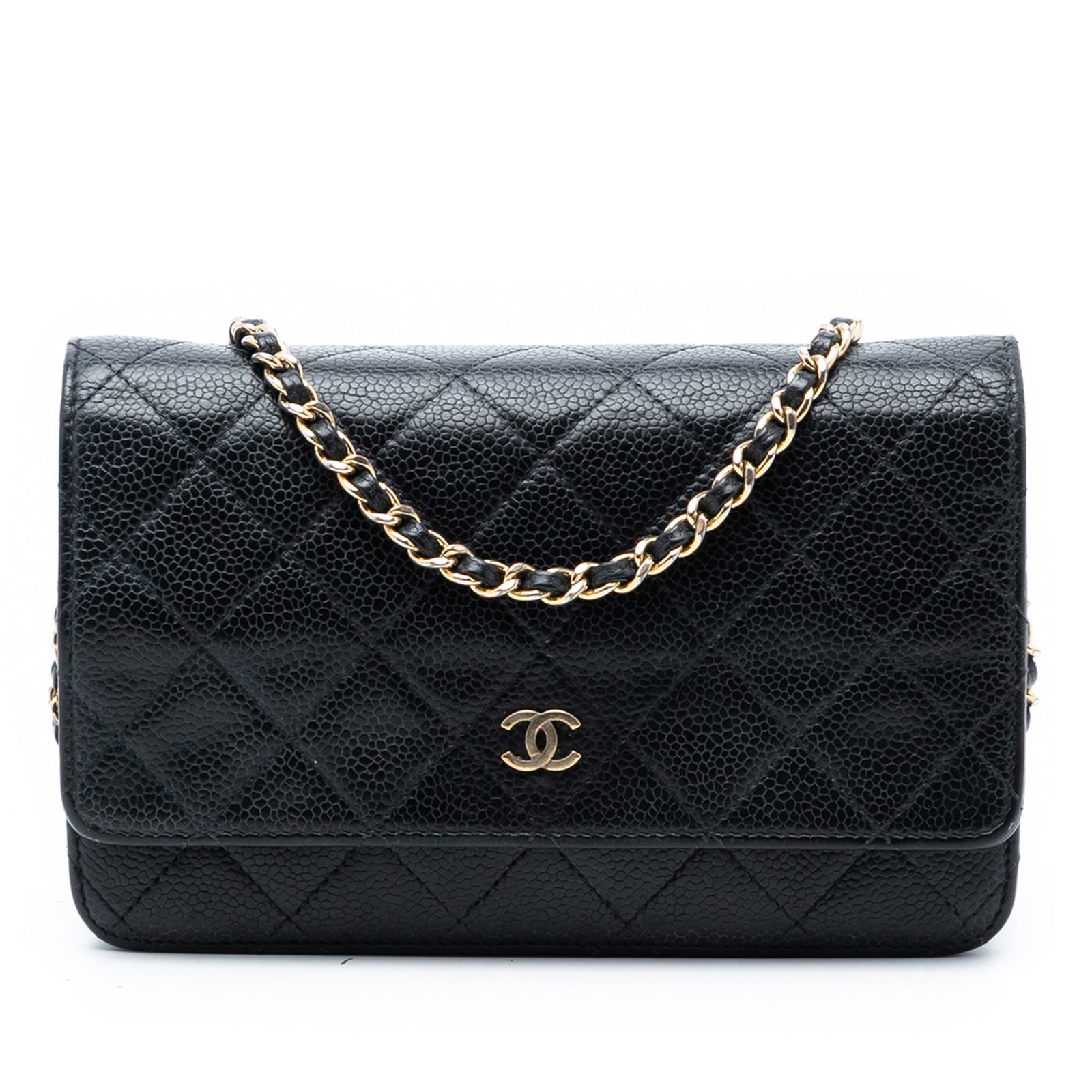 Chanel black quilted caviar leather wallet on chain: Chanel black quilted caviar leather wallet on chain This Chanel CC Quilted Caviar Wallet on Chain features a black quilted caviar leather body with a silver-tone woven chain strap. The design includes