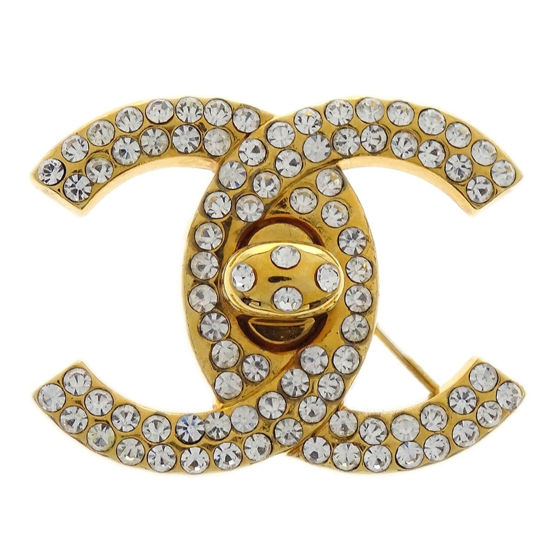 Chanel CC Logo Brooch Gold Plated Rhinestone Pin 97P: Chanel CC Logo Brooch Gold Plated Rhinestone Pin 97P Chanel CC turnlock charm brooch pin featuring the iconic logo design with rhinestone detailing. Made in France, this gold-plated brooch comes with 