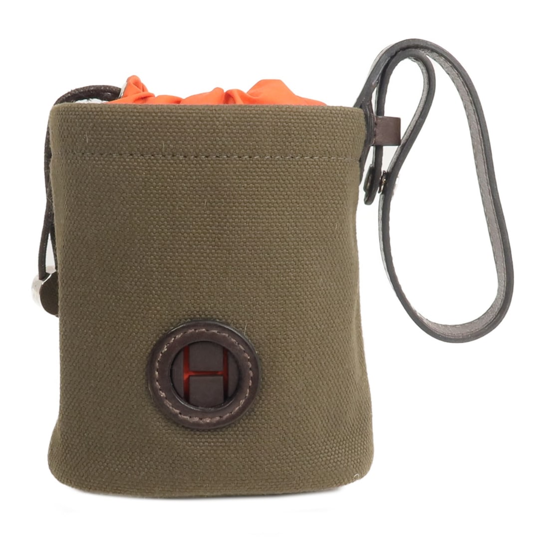 Hermes On The Go Dog Pouch Barenia Leather Canvas: Hermes On The Go Dog Pouch Barenia Leather Canvas This Hermes On-The-Go Dog Pouch features a stylish combination of Barenia leather and canvas in kaki and feu tones. Designed for women, this compact p