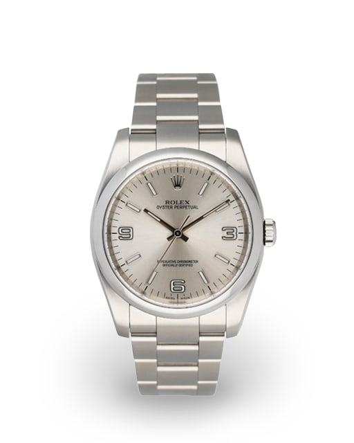 Rolex 116000 Oyster Perpetual Silver Dial Watch with Card 2015: Rolex 116000 Oyster Perpetual Silver Dial Watch with Card 2015 This is a men's Rolex Oyster Perpetual watch, reference number 116000, featuring a silver dial and smooth bezel. The timepiece comes with