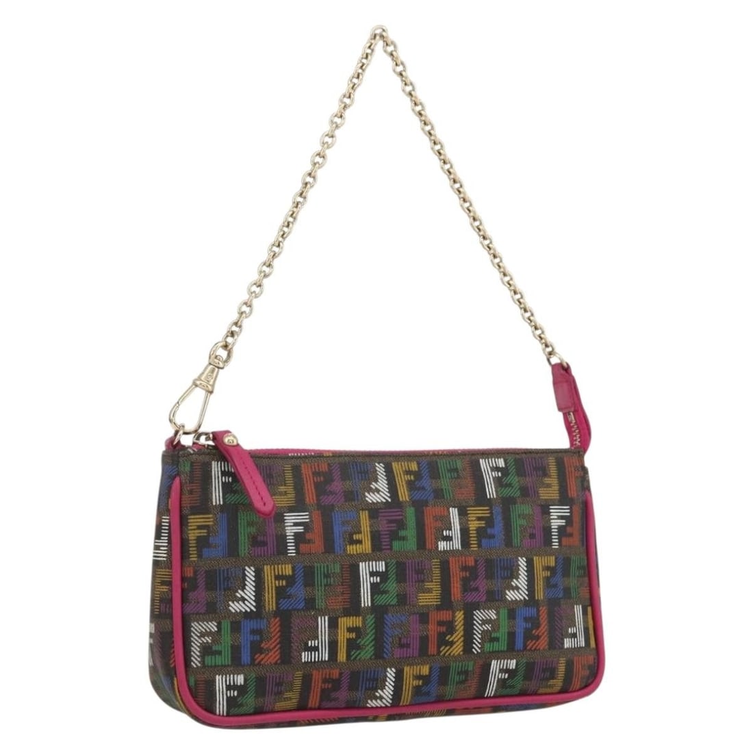 Fendi Multicolor Zucchino Canvas Pouch with Gold Tone Accents: Fendi Multicolor Zucchino Canvas Pouch with Gold Tone Accents This FENDI accessory pouch is crafted from Zucchino canvas in a multicolor and gold design. Made in Italy, it features a compact silhouett