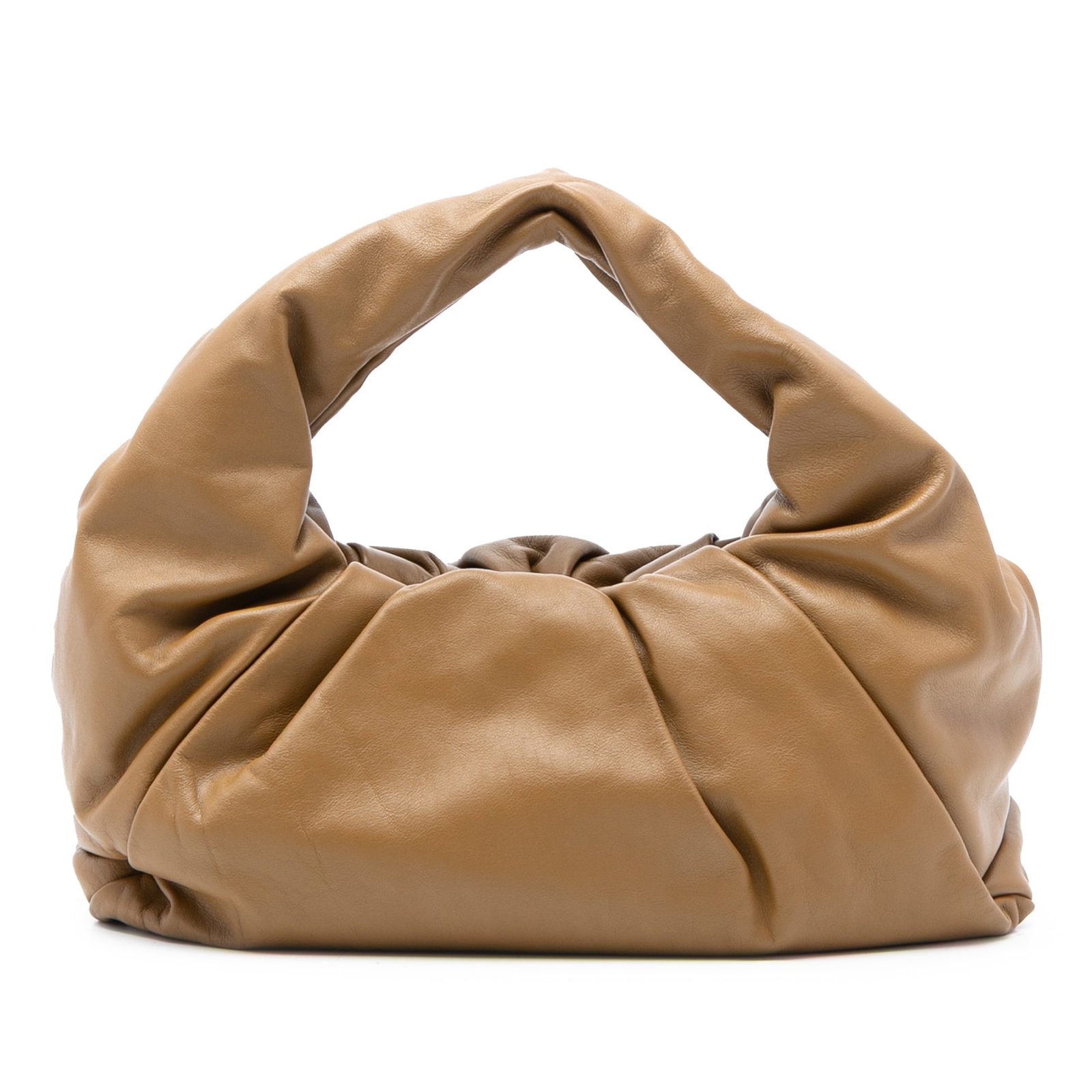 Bottega Veneta Brown Leather The Shoulder Pouch Bag: Bottega Veneta Brown Leather The Shoulder Pouch Bag This Bottega Veneta The Shoulder Pouch is crafted from brown lambskin leather and features a flat strap and a top magnetic frame closure. The bag is
