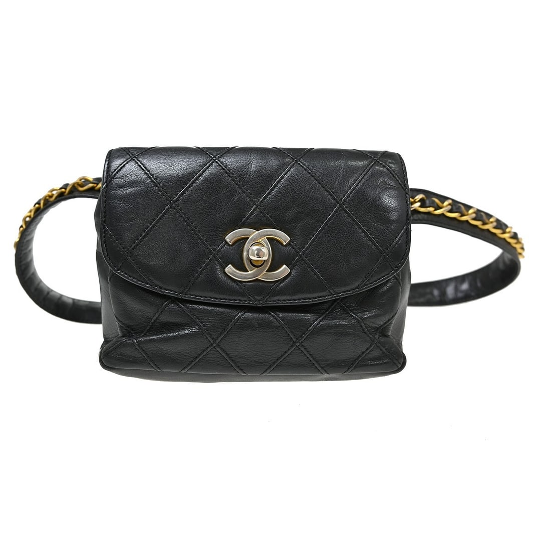 CHANEL Quilted Matelasse Lambskin Waist Bag Black: CHANEL Quilted Matelasse Lambskin Waist Bag Black Chanel quilted waist bum bag in black lambskin leather with a flap turnlock closure and adjustable belt strap. This small women's bag features a leath