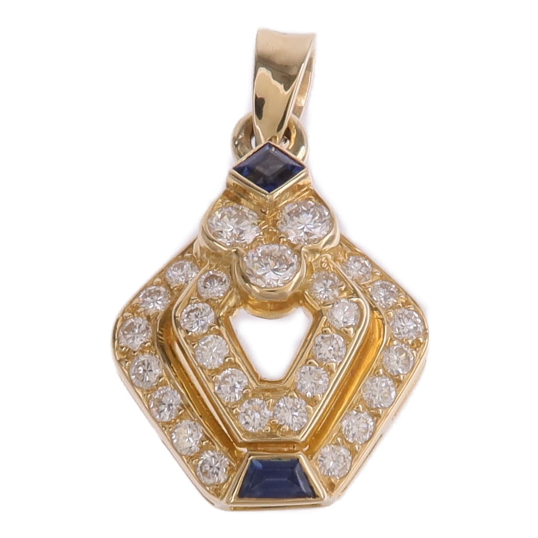 Sapphire and Diamond Pendant in 18K Yellow Gold: Sapphire and Diamond Pendant in 18K Yellow Gold This women's pendant top features a sapphire as the main stone set in 18K yellow gold. The pendant displays a blue color and is crafted in Hong Kong. It