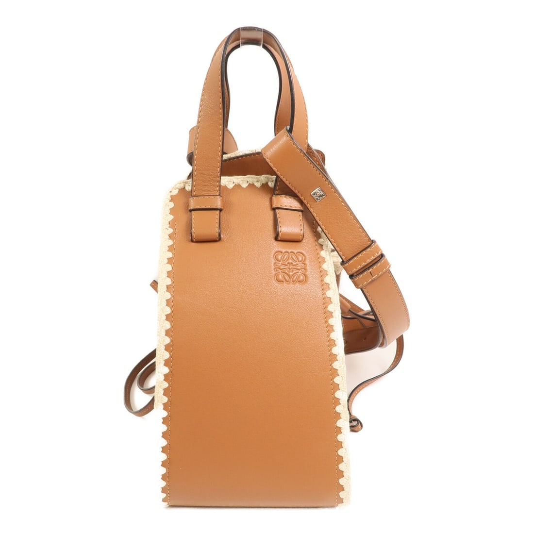 Brown Calfskin Loewe Hammock Two Way Shoulder Bag Silver Hardware: Brown Calfskin Loewe Hammock Two Way Shoulder Bag Silver Hardware This LOEWE Hammock 2-way shoulder bag features supple brown calfskin leather, offering versatility in carrying options. Crafted in Spa