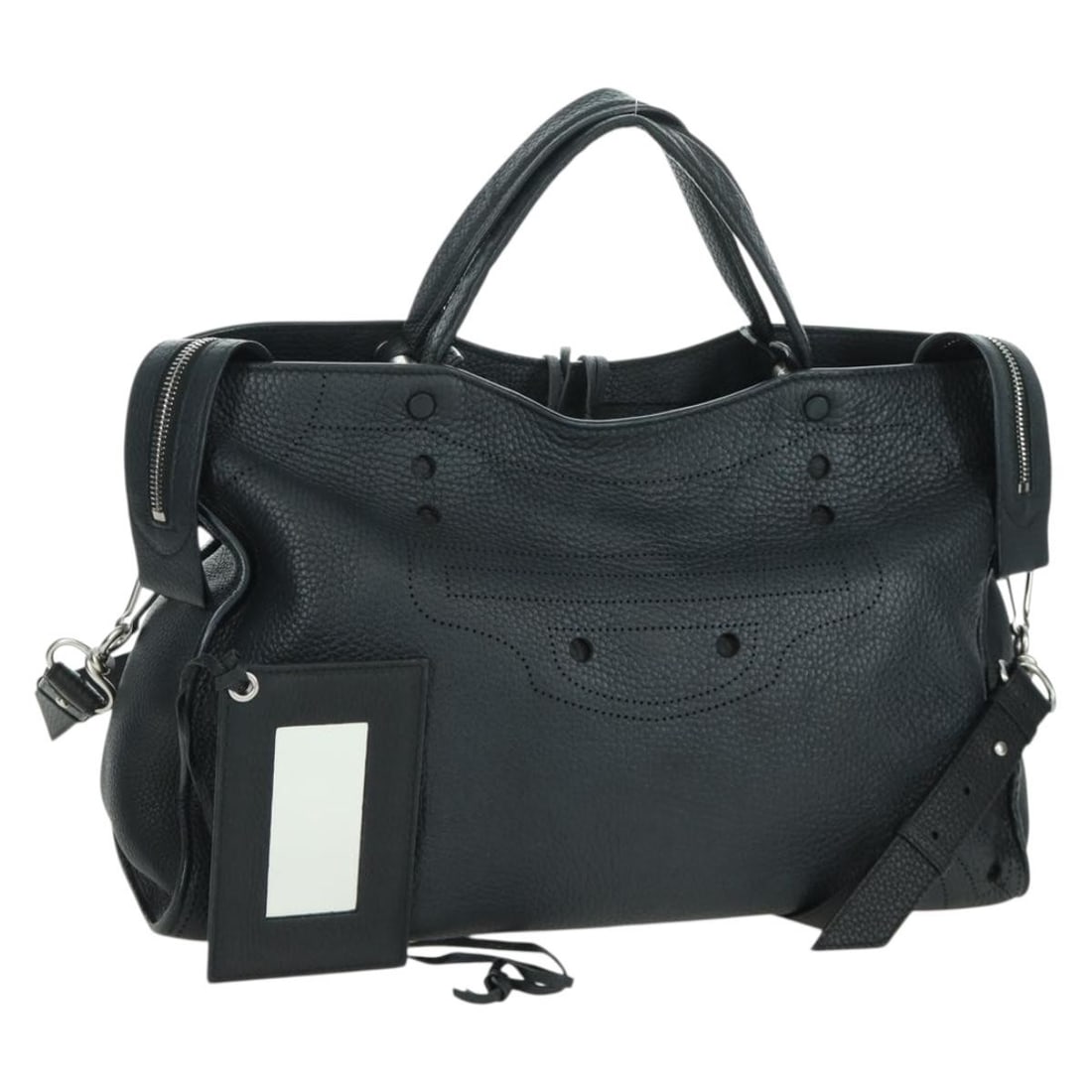 BALENCIAGA 443514 Black Leather 2way Hand Bag with Strap Mirror (1 of 18)