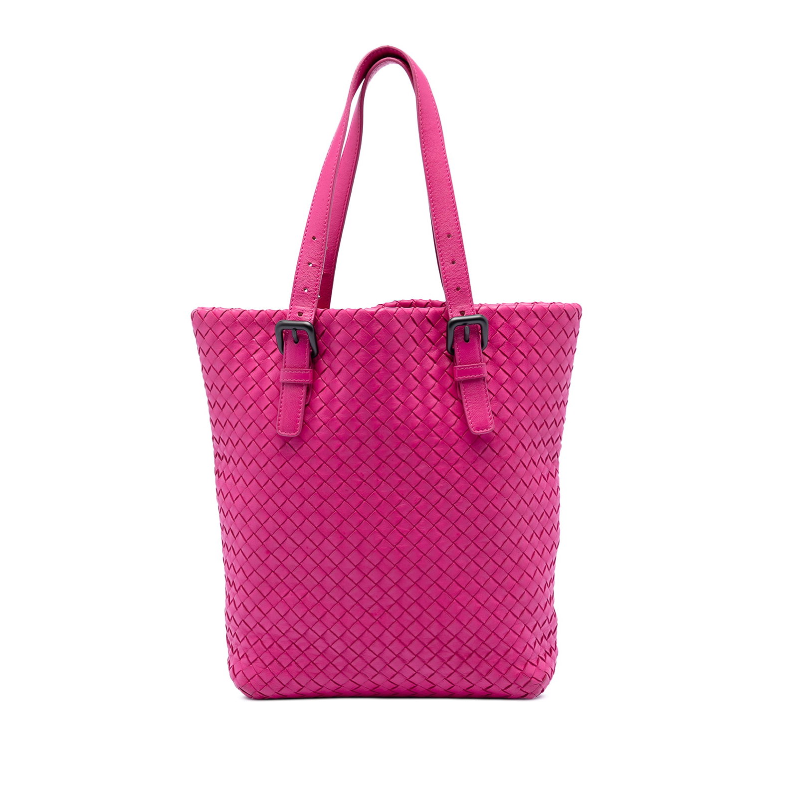 Pink Leather Intrecciato Tote Bag by Bottega Veneta: Pink Leather Intrecciato Tote Bag by Bottega Veneta This Bottega Veneta Nappa Intrecciato Tote features a woven leather design with flat leather handles, an open top, and interior zip and slip pockets