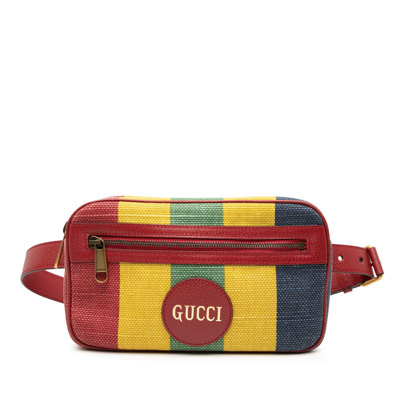Gucci Baiadera Stripe Canvas Belt Bag with Leather Trim: Gucci Baiadera Stripe Canvas Belt Bag with Leather Trim This Gucci Baiadera Canvas Stripe Belt Bag features a striped canvas body accented with leather trim. It includes a flat leather waist strap, a 