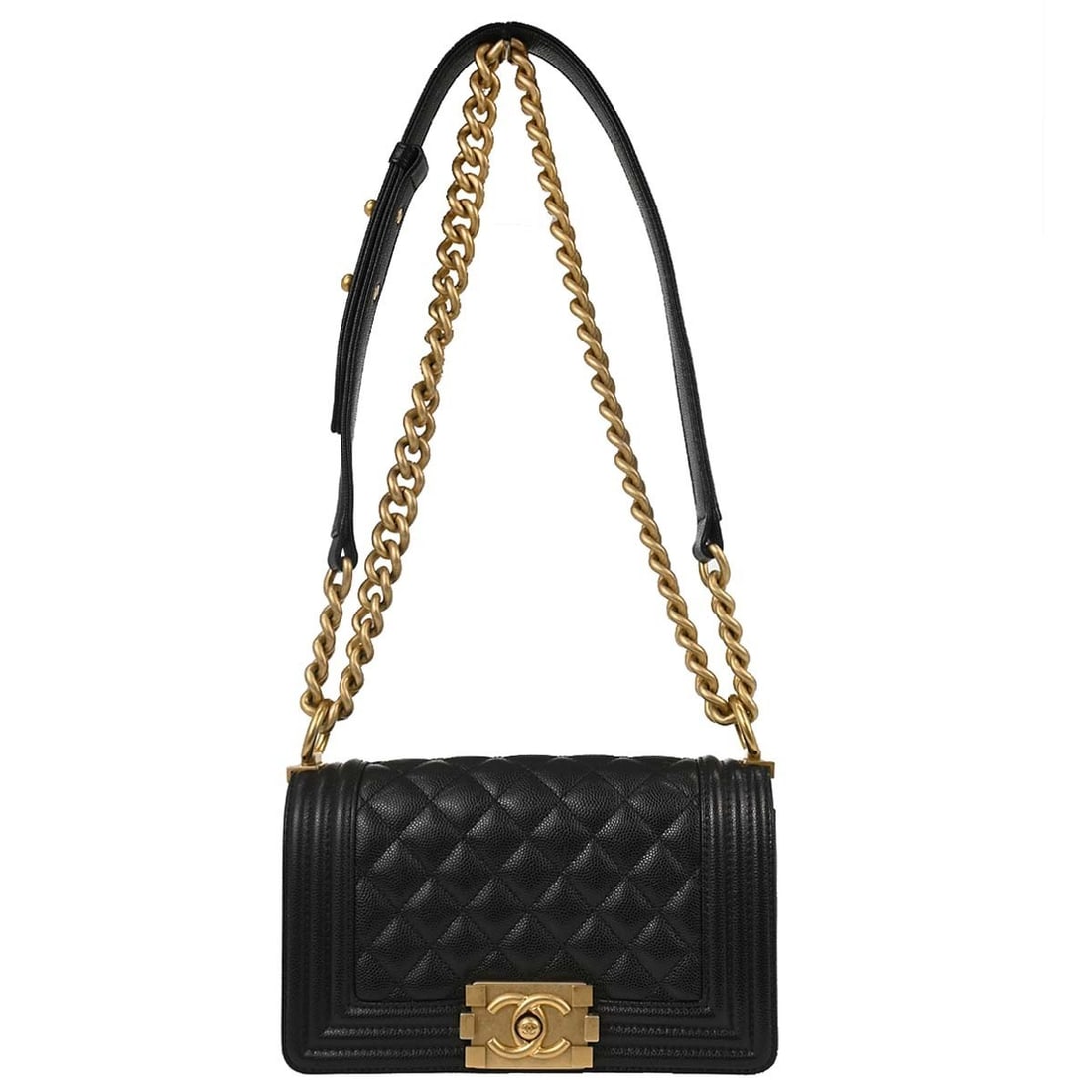 Chanel Boy Mini Shoulder Bag Black Calfskin Chain Strap: Chanel Boy Mini Shoulder Bag Black Calfskin Chain Strap Boy Chanel small chain shoulder bag in black caviar skin leather with a clasp flap closure and chain shoulder strap. The interior is lined in fa