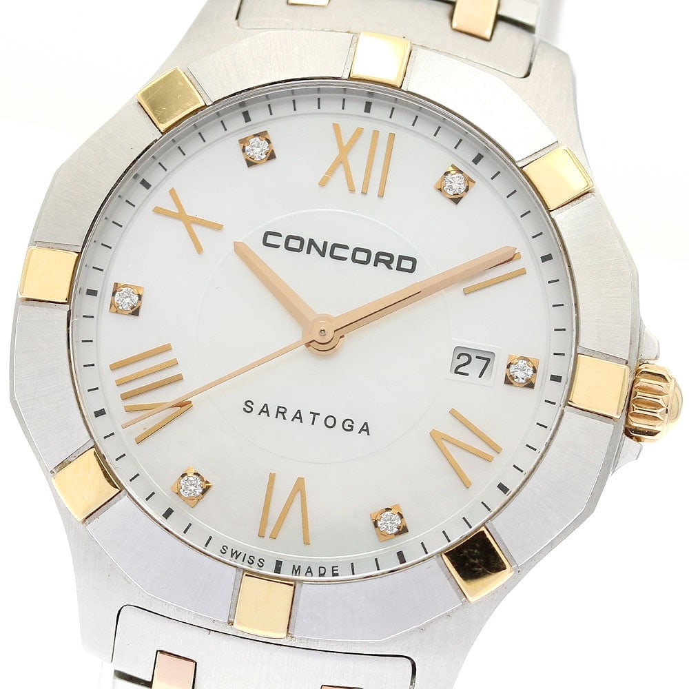 Concord Saratoga Ladies Quartz Date Wristwatch 31mm White Mother of Pearl: Concord Saratoga Ladies Quartz Date Wristwatch 31mm White Mother of Pearl This Concord Saratoga Date Quartz Ladies Watch features a stainless steel and gold-plated case and bracelet with a white mothe