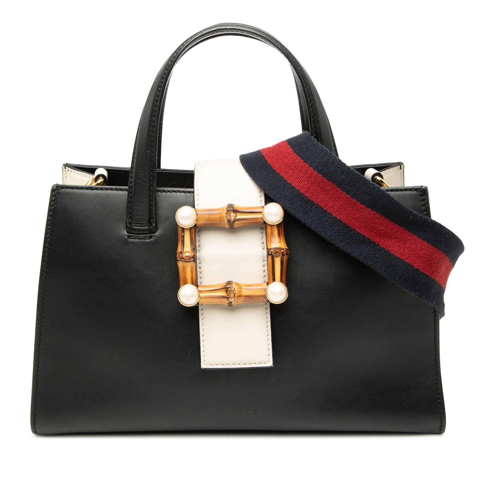 Gucci Bamboo Buckle Web Satchel Small Bicolor Calfskin Leather: Gucci Bamboo Buckle Web Satchel Small Bicolor Calfskin Leather Gucci small bicolor calfskin top handle bag with a structured satchel silhouette, flat leather handles, and a detachable adjustable web s